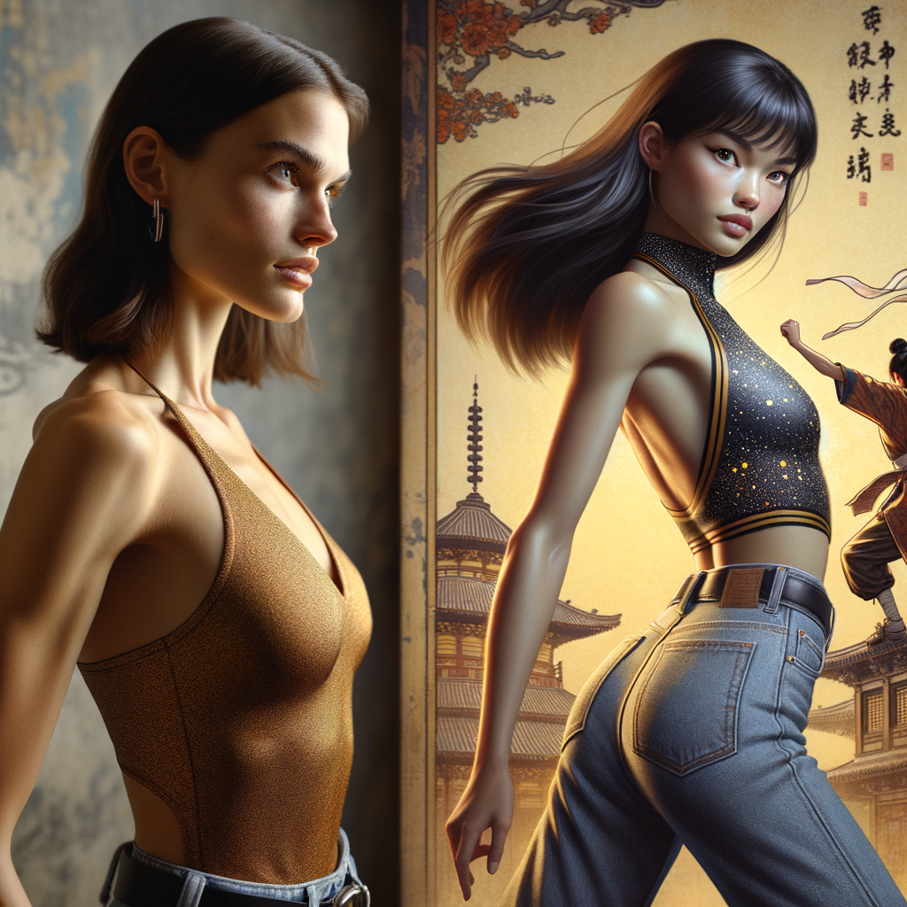 Athletic Thin skinny Attractive, Asian teenage girl, long brown hair and bangs, wearing tight skinny jeans and a halter top paint marks on her clothing, heroic pose Asian graffiti background, backside view