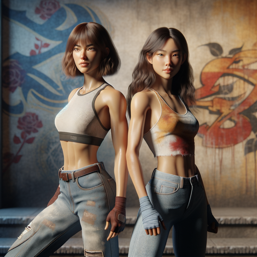 Athletic Thin skinny Attractive, Asian teenage girl, long brown hair and bangs, wearing tight skinny jeans and a halter top paint marks on her clothing, heroic pose Asian graffiti background, side view