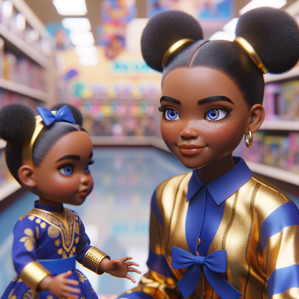 Create a 3-D image of an african-American little girl inside of a medium size, toy store. The little girl has thick long, ponytails and huge blue eyes. She has on a gold and blue jumpsuit with matching bows, She is playing with her favorite african-American cabbage patch doll, the doll has deep, dimples, and freckles and looks just like her