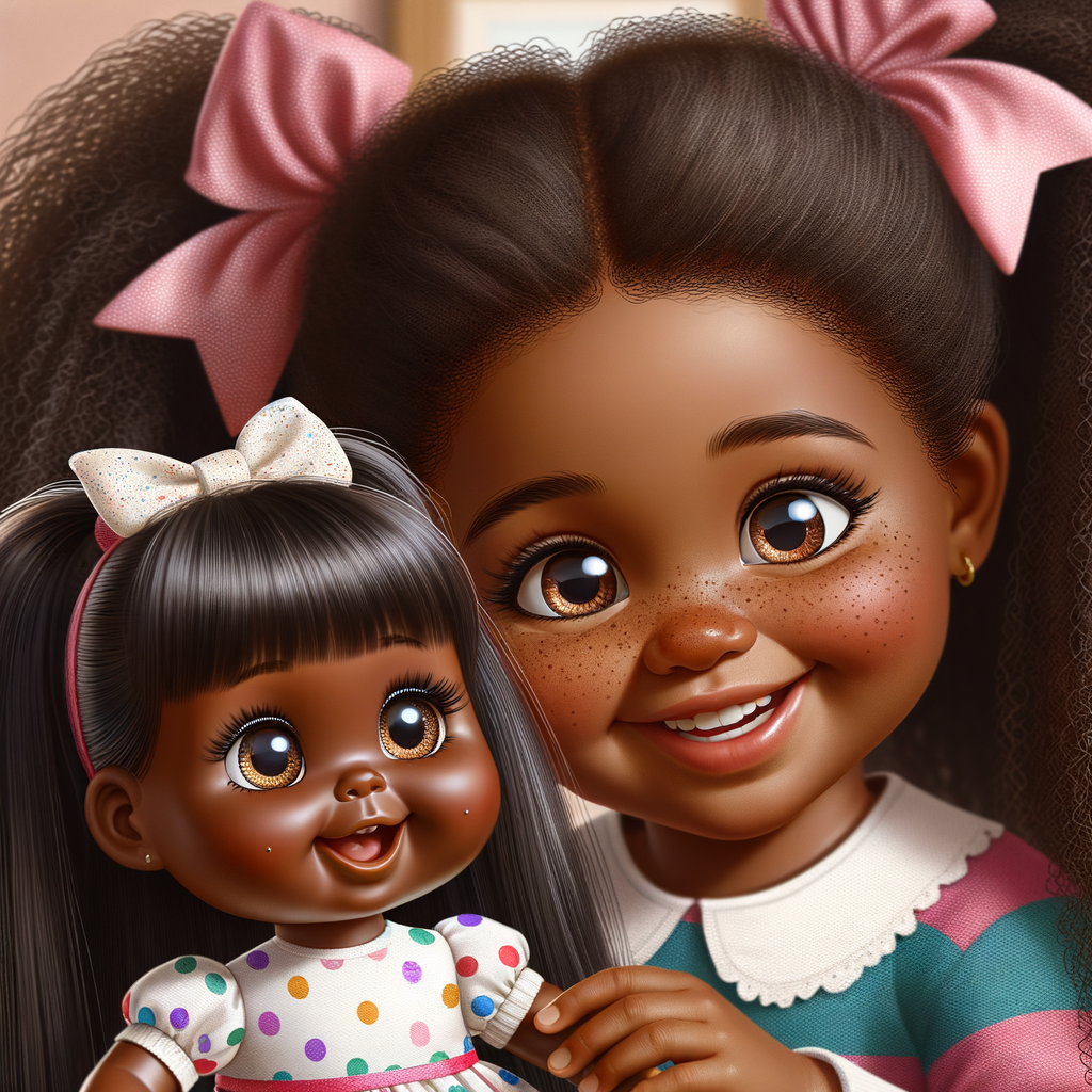 African-American girl with huge Hazel Brown eyes and long, black ponytails with Bows playing with African-American, cabbage Patch doll with huge dimples and freckles