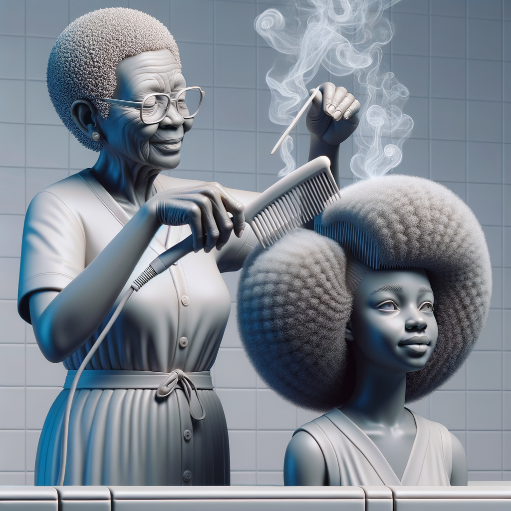 Create a realistic 3-D image of an african-American grandmother in the kitchen with her african-American granddaughter. The grandmother has a hot comb in her hair and she is straightening her granddaughters hair. One side of her granddaughters hair is in  a Afro the other is bone straight 
There is smoke coming from the hot comb