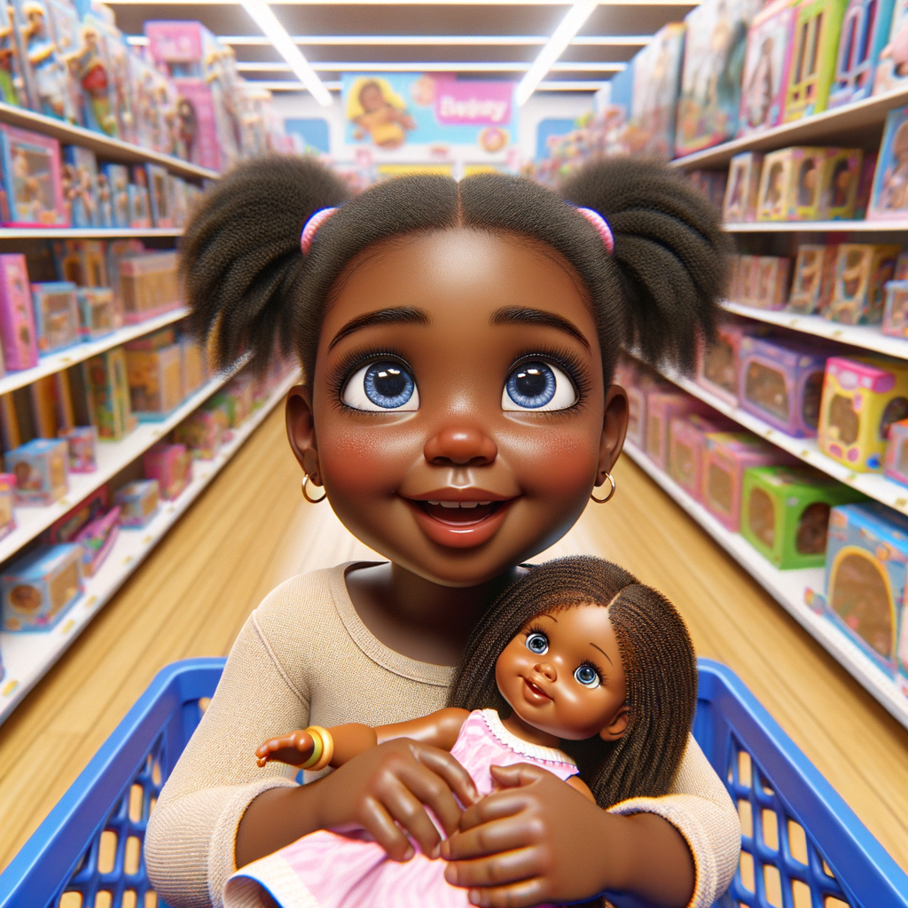 Create a 3-D image of an african-American, little girl inside of a very large toy store. The little girl has thick, ponytails and huge blue eyes. She is playing with her favorite doll, the doll is