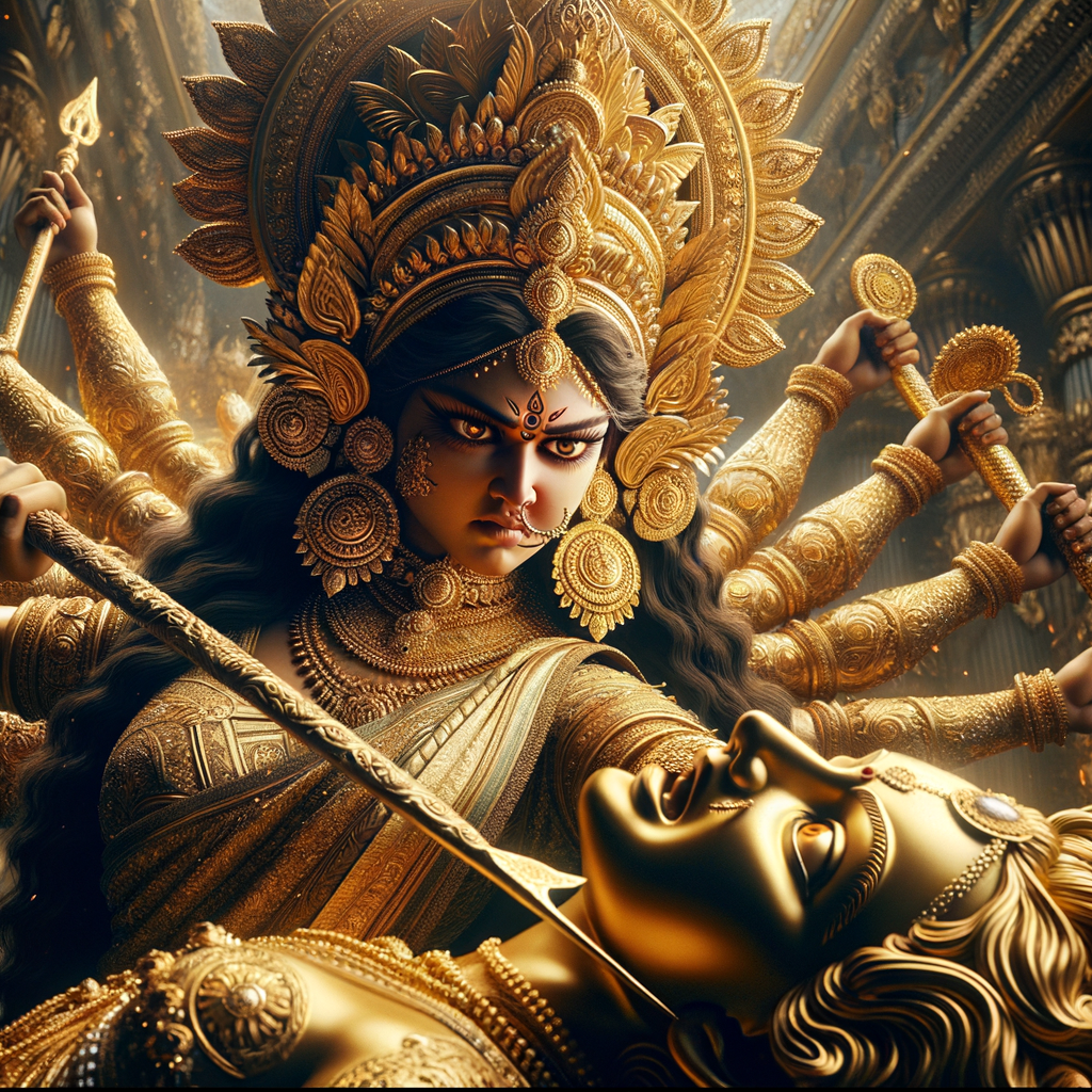 portrait of angry looking goddess durga pinning a weak mahishasur to the ground and stabbing him with her amazingly designed trident. She is wearing gold armor, a huge gold crown, gold saree, abundant  gold jewelry, covered in blood. The scene is set in ancient India. The image is 8K resolution, photography, cinematic, ultra detailed face and epic