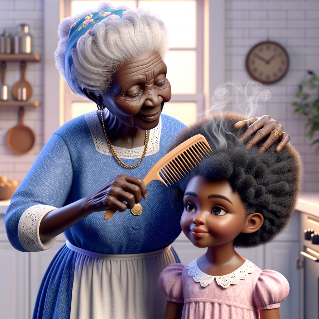 Create a realistic 3-D image of an african-American grandmother wearing a blue house dress. She is in the kitchen with her african-American granddaughter. Her granddaughter is wearing a pink dress The grandmother has a hot comb in her hand and she is straightening her granddaughters hair. One side of her granddaughters hair is in  a Afro the other straight 
There is smoke coming from the hot comb