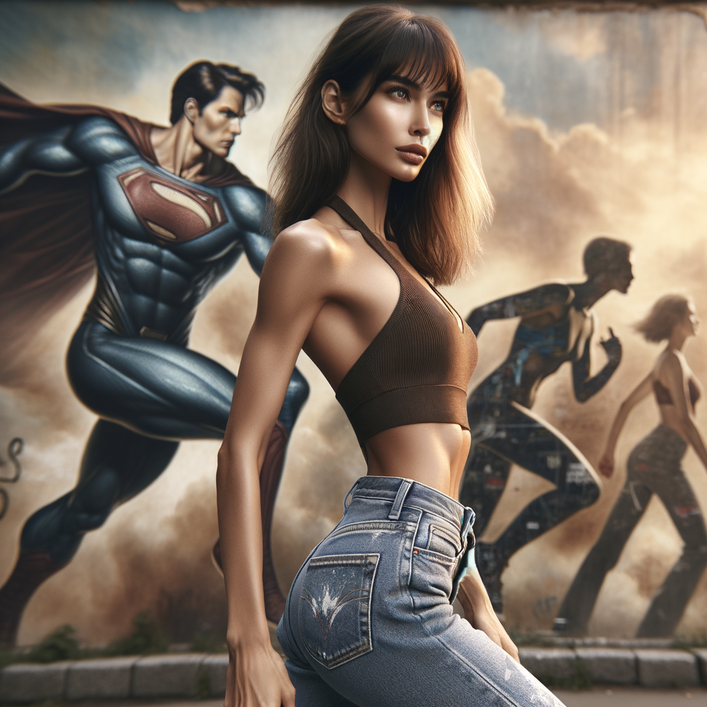 Athletic Thin skinny Attractive, Asian teenage girl, long brown hair and bangs, wearing tight skinny jeans and a halter top paint marks on her clothing, heroic pose Asian graffiti background, side view