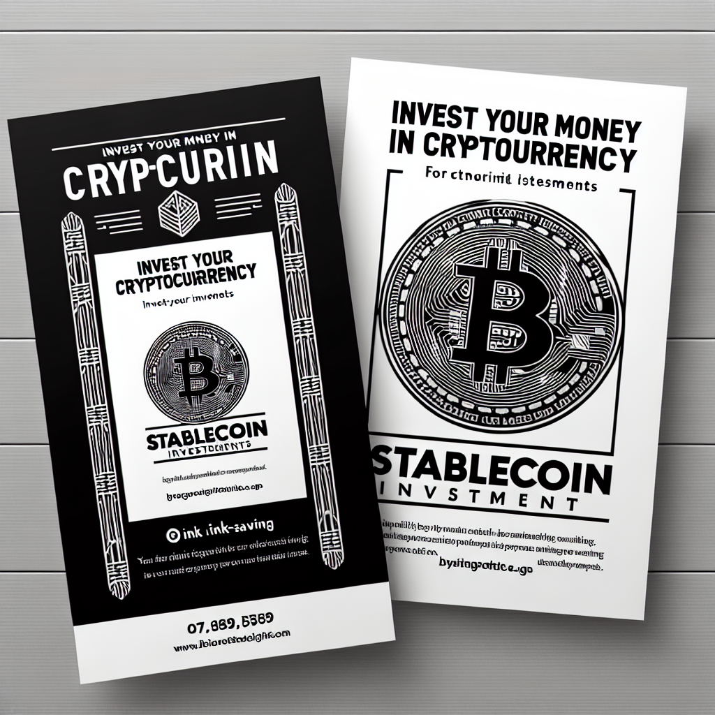 Create a black and white tent card advertisement featuring the text "Invest Your Money in Cryptocurrency" and "Stablecoin Investments." In the background, include a bold line drawing of a Bitcoin symbol. The design should be ink-saving with high contrast for effective black and white printing.