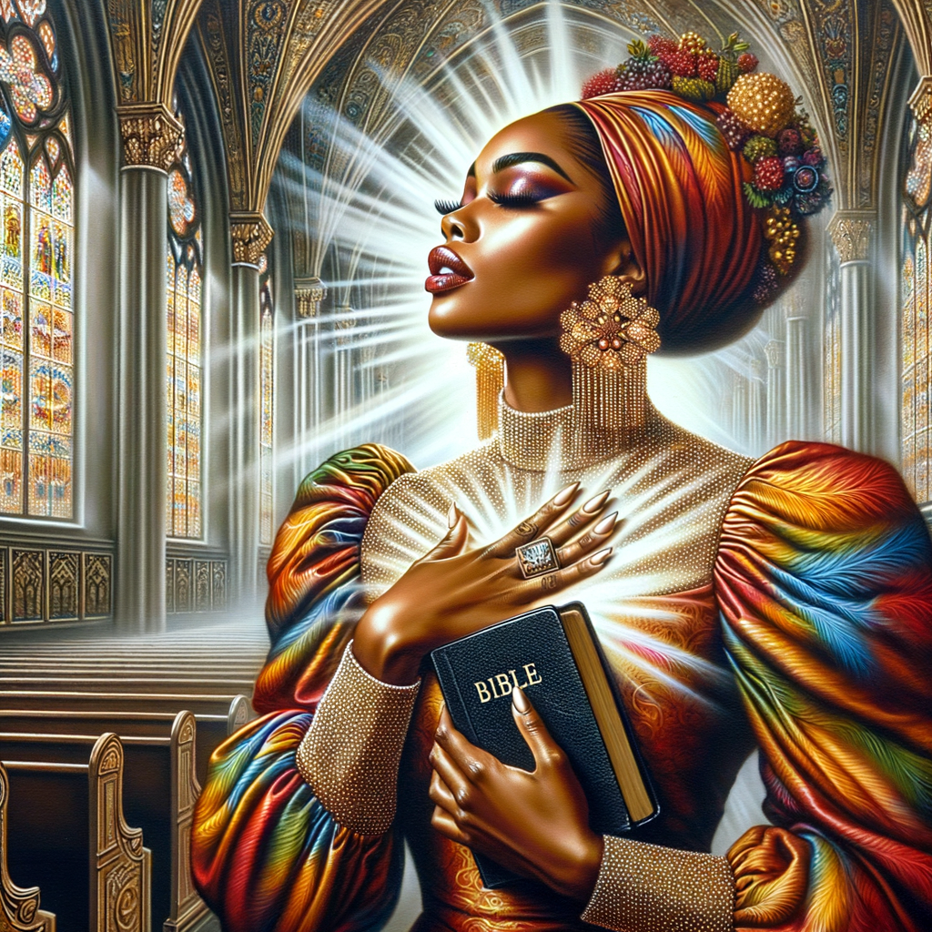 Render an airbrush oil painting of an African American woman with flawless makeup in
a moment of spiritual revelation, a Bible in one hand, the other hand touching her
heart. She's dressed in vibrant Sunday Best attire, with the church's interior, adorned
with intricate stained glass, serving as the backdrop. The oil paint texture adds depth
and a divine ambiance to the scene, capturing the woman's emotional connection to
her faith, the elegance of her attire, and the spiritual atmosphere of the church setting.
The artwork should reflect the profound impact of the spiritual revelation on her,
emphasizing the beauty and serenity of the moment.