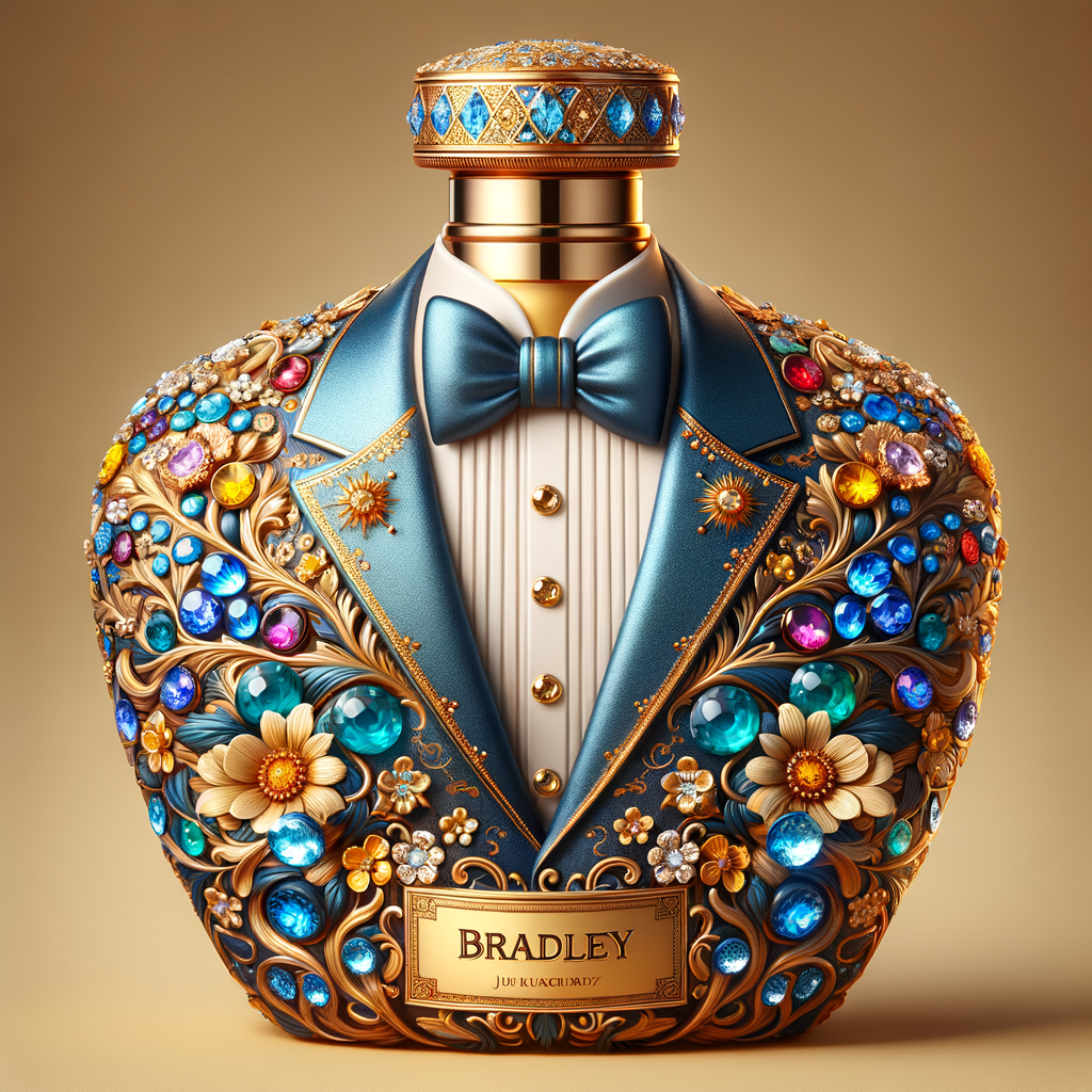 Create a blue and gold cologne bottle in the shape of a tuxedo with flowers with the name, Bradley and colorful jewels and diamonds