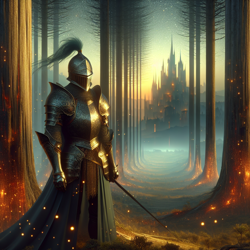 A knight in ornate armor standing in a sunlit forest clearing, surrounded by glowing fireflies and tall, ancient trees. In the distance, a ruined castle rises through the mist.