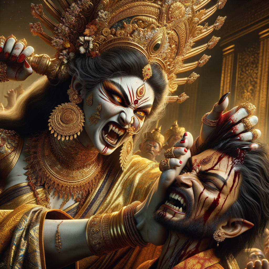 portrait of angry looking goddess durga pinning a weak mahishasur to the ground with her foot and stabbing him with her amazingly long fingernails. She is wearing gold armor, a huge gold crown, gold saree, abundant  gold jewelry, covered in blood. The scene is set in ancient India. The image is 8K resolution, photography, cinematic, ultra detailed face and epic