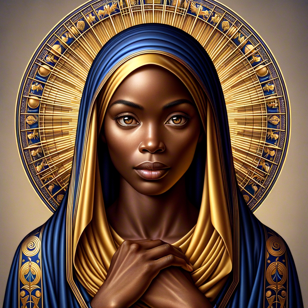 Create a beautiful African-American Jesus Christ with Hazel, brown eyes and blue and gold robe