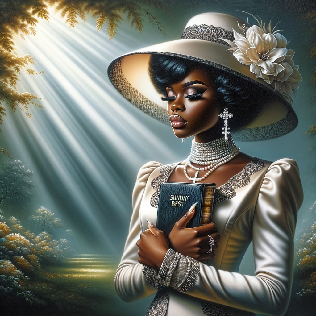 Render an airbrush oil painting of an African American woman with flawless makeup in a
contemplative pose, holding a Bible close to her heart, dressed in an elegant Sunday Best
outfit with a distinctive Church Hat. The background features a peaceful church garden,
with light filtering through the trees, highlighting her spiritual connection and the personal
moment of reflection. The artwork should capture the tranquility of the scene, the beauty
of her attire, and the depth of her contemplation, reflecting a serene and spiritually