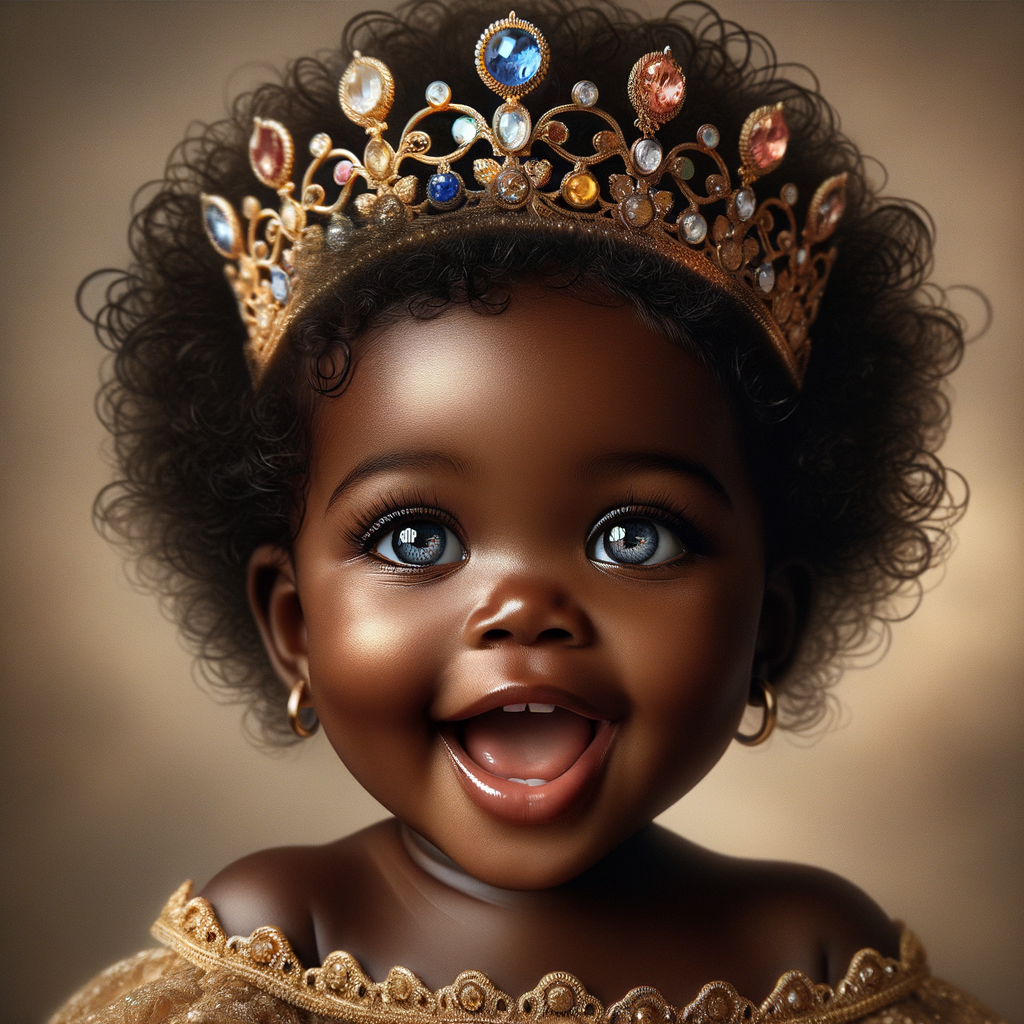 "Create a digital portrait of an adorable african-American baby girl with a joyful expression. She is wearing a gold crown with colorful jewels. Her big, bright blue eyes are wide with wonder, and her tiny mouth is shaped in a happy grin. Her skin has a warm, honey-brown tone, and she has an abundance of thick curly black hair, The background is soft and neutral to keep the focus on her delightful features. The portrait should be vibrant and heartwarming, celebrating the innocence and charm of childhood."