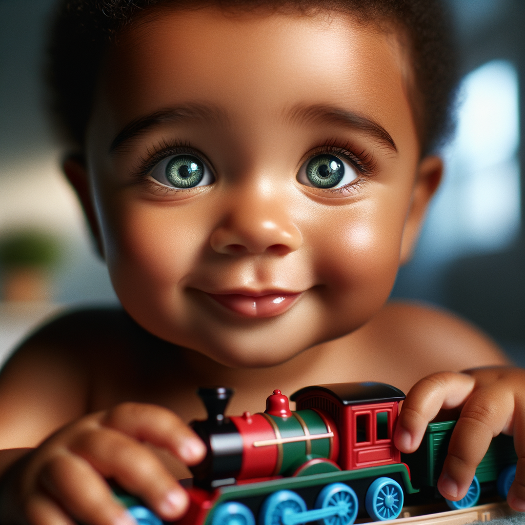 African-American baby boy with huge green eyes, playing with a train