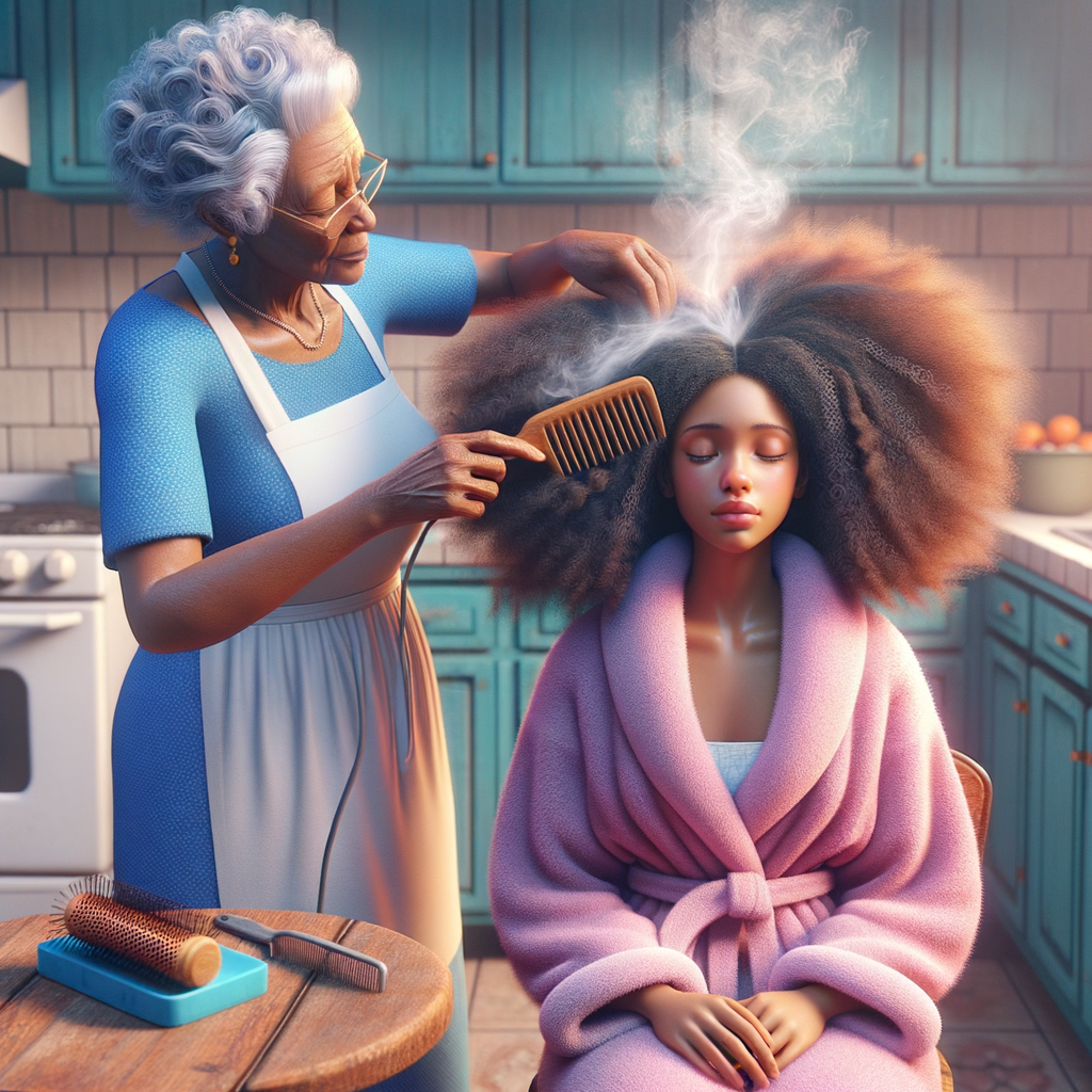 Create a realistic 3-D image of an african-American grandmother wearing a blue house dress and a white apron . She is in the kitchen with her african-American granddaughter. Her granddaughter is wearing a pink bath robe. The grandmother has a hot comb in her hand and she is straightening her granddaughters hair. One side of her granddaughters hair is in  a Afro the other straight 
There is smoke coming from the hot comb
The granddaughter is making a face