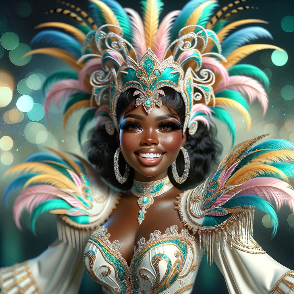 Create a 3-D  vivid full-body view of a colorful glossy hyper-realistic oil painting of a detailed illustration full length photo single image of a beautiful African-American caramel skinned woman plus sized, with long, black, wavy hair, her make up is airbrushed and flawless, she is dressed in a white, teal and yellow large, elaborate, elegant, very detailed carnival costume with colorful African-American pink, blue, gold yellow green feathers, flawless makeup, prominent lashes, black peep toe heels, white pixie hair, background bokeh, she is stunning and smiling, digital art.