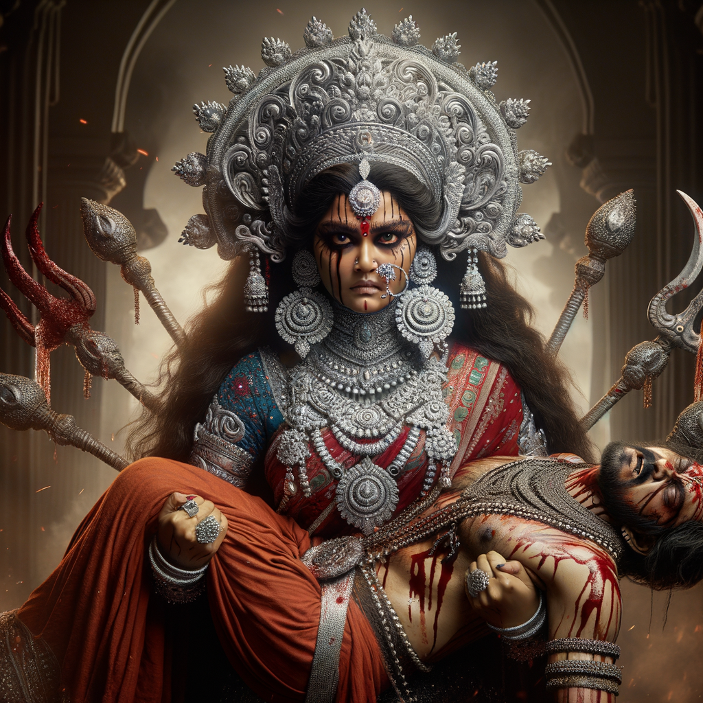 photograph of angry looking, gorgeous goddess durga cosplayer carrying a weak mahishasur in her two arms. She is wearing a huge silver crown, red saree, abundant silver jewelry, covered in blood. The scene is set in ancient India. The image is 8K resolution, cinematic, ultra detailed face and epic.