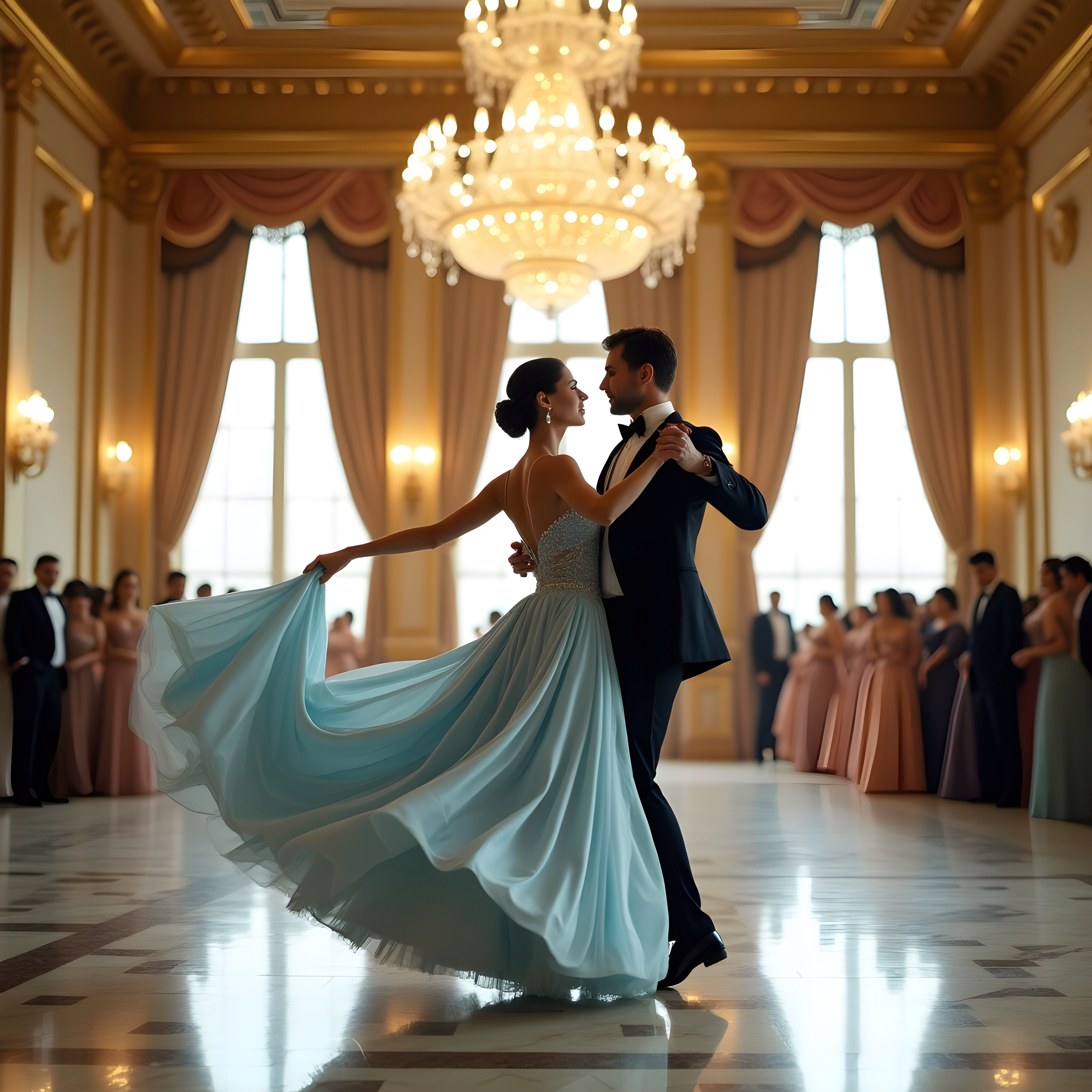 “A breathtaking shot taken with a Nikon D850 and a 24-70mm f/2.8 lens. Dahlia Valentina (DahliaValentina_ai) fit tall supple well endowed tanned Italian American model glides gracefully across an opulent ballroom floor, caught mid-turn in a Viennese waltz. She wears a flowing ice-blue ballgown, its delicate lace details shimmering under the golden glow of an enormous crystal chandelier. Her posture is poised, her expression serene as she twirls with an elegant dance partner in a classic tuxedo. The grand ballroom features intricate gilded moldings, towering windows draped with silk curtains, and polished marble floors reflecting their movements. The air feels enchanted, as if time itself has slowed for this graceful moment. The soft depth of field blurs the background slightly, enhancing the dreamlike quality of the scene.”