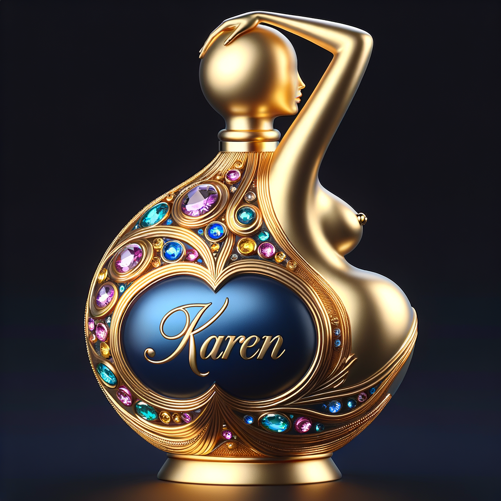 Create a 3-D realistic gold and  blue, colorful jewels perfume bottle
In the shape of a women’s body with the name Karen