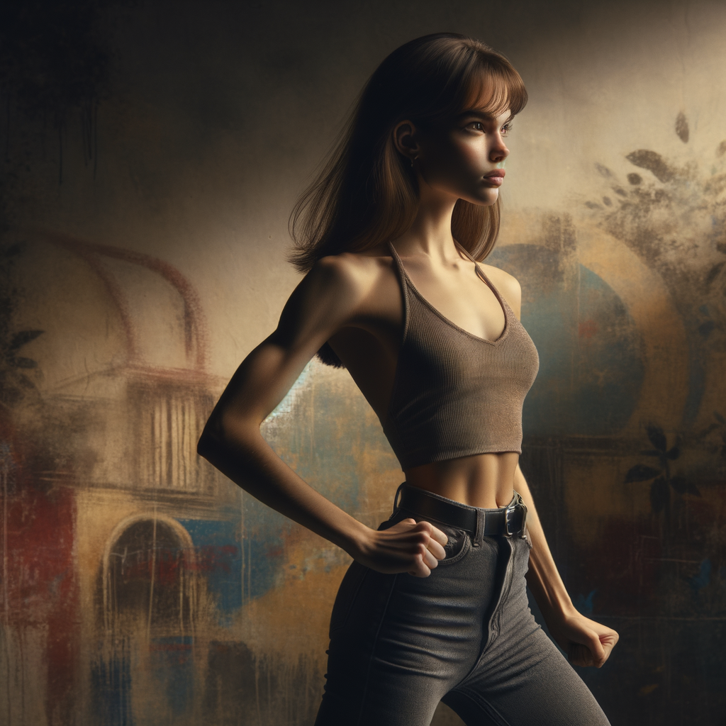 Athletic Thin skinny Attractive, Asian teenage girl, long brown hair and bangs, wearing tight skinny jeans and a halter top paint marks on her clothing, heroic pose Asian graffiti background, side view