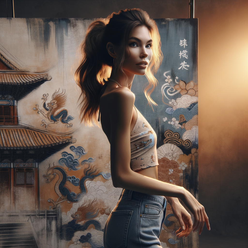 Athletic Thin skinny Attractive, Asian teenage girl, long brown hair and bangs, wearing tight skinny jeans and a halter top paint marks on her clothing, heroic pose Asian graffiti background, backside view