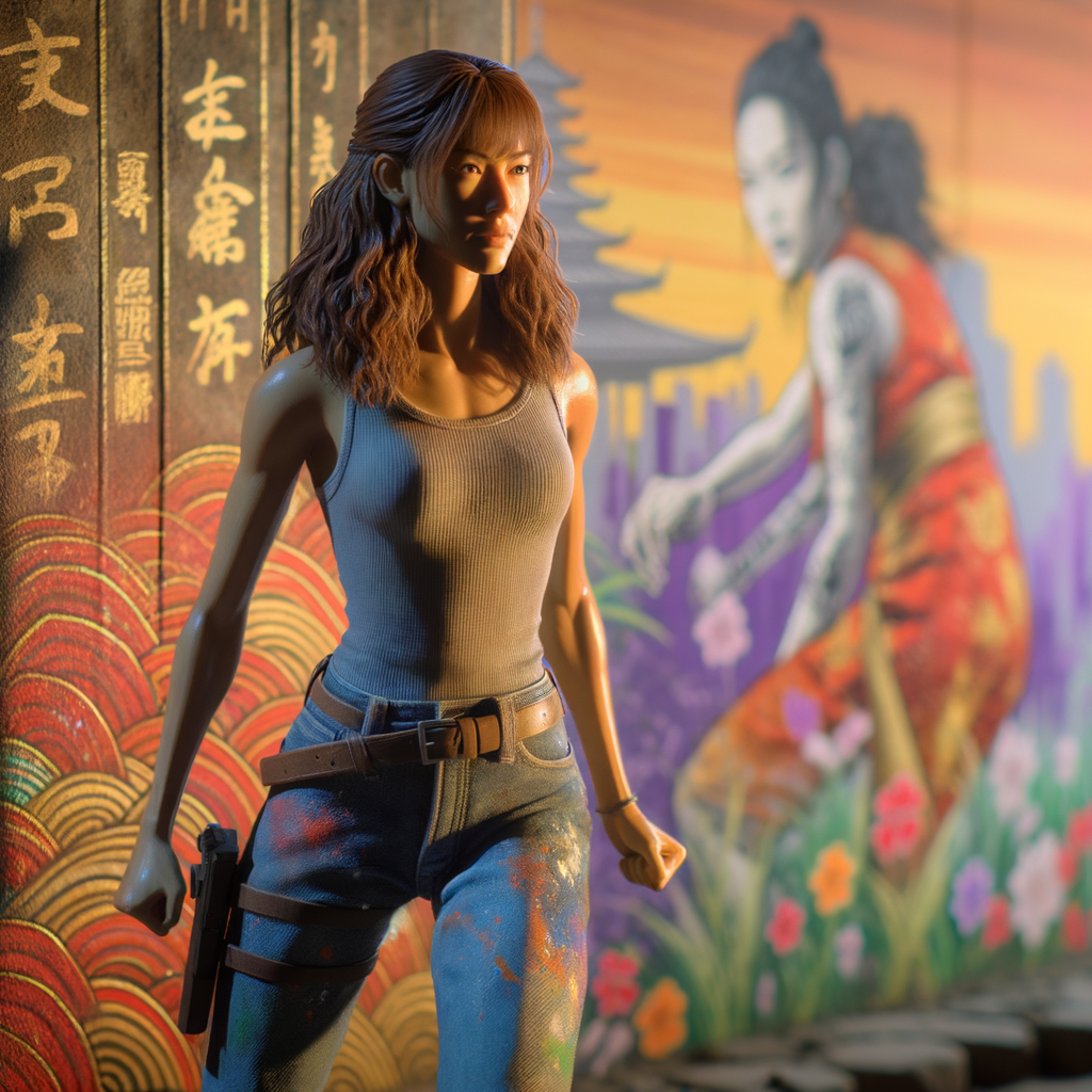 Athletic Thin skinny Attractive, Asian teenage girl, long brown hair and bangs, wearing tight skinny jeans and a halter top paint marks on her clothing, heroic pose Asian graffiti background, backside view