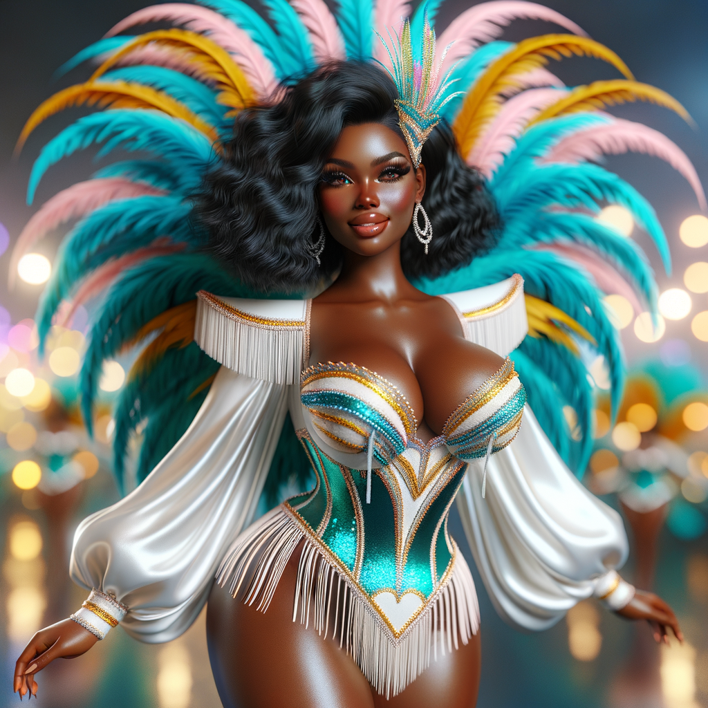 Create a 3-D  vivid full-body view of a colorful glossy hyper-realistic oil painting of a detailed illustration full length photo single image of a beautiful African-American caramel skinned woman plus sized, with long, black, wavy hair, her make up is airbrushed and flawless, she is dressed in a white, teal and yellow large, elaborate, elegant, very detailed carnival costume with colorful African-American pink, blue, gold yellow green feathers, flawless makeup, prominent lashes, black peep toe heels, white pixie hair, background bokeh, she is stunning and smiling, digital art.