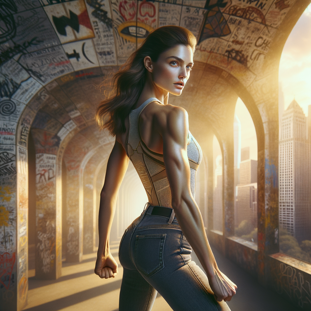 Athletic Thin skinny Attractive, Asian teenage girl, long brown hair and bangs, wearing tight skinny jeans and a halter top paint marks on her clothing, heroic pose Asian graffiti background, backside view