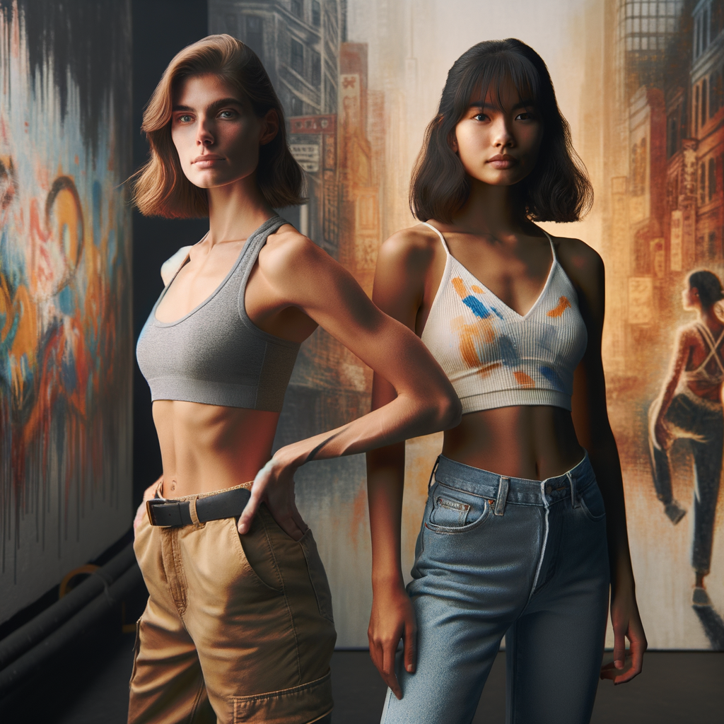 Athletic Thin skinny Attractive, Asian teenage girl, long brown hair and bangs, wearing tight skinny jeans and a halter top paint marks on her clothing, heroic pose Asian graffiti background, side view