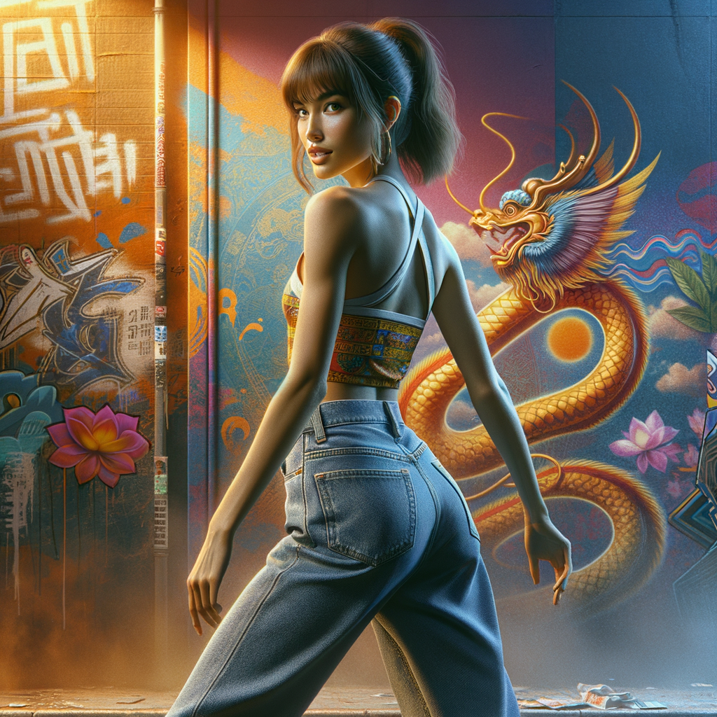 Athletic Thin skinny Attractive, Asian teenage girl, long brown hair and bangs, wearing tight skinny jeans and a halter top paint marks on her clothing, heroic pose Asian graffiti background, backside view