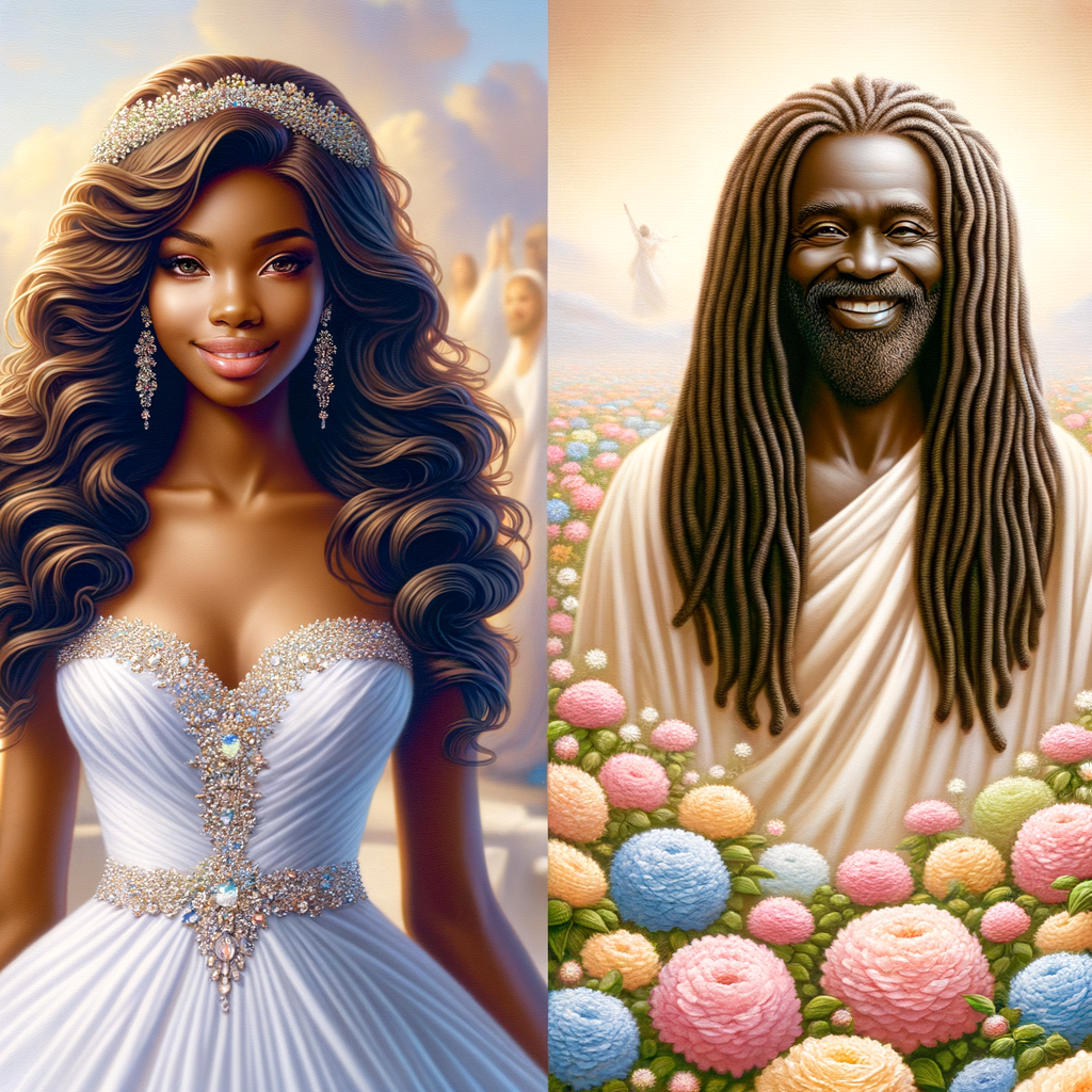 Create a 3-D realistic oil, painting of a beautiful African-American bride. She has long flooring, wavy hair and her gown has beautiful jewels around the neckline. in the background there is a beautiful African-American Jesus Christ with long dreadlocks, and he is smiling. He is very handsome pastel flowers throughout the image.