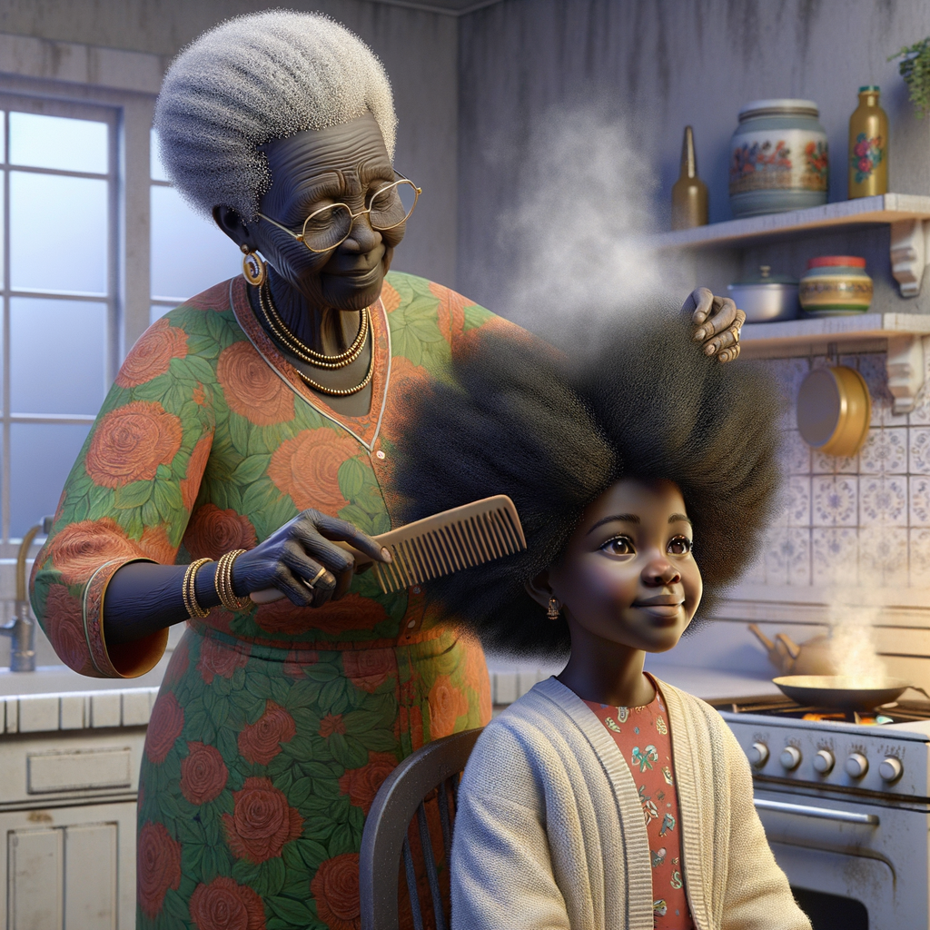 Create a realistic 3-D image of an african-American grandmother in the kitchen with her african-American granddaughter. The grandmother has a hot comb in her hair and she is straightening her granddaughters hair. One side of her granddaughters hair is in  a Afro the other is bone straight 
There is smoke coming from the hot comb