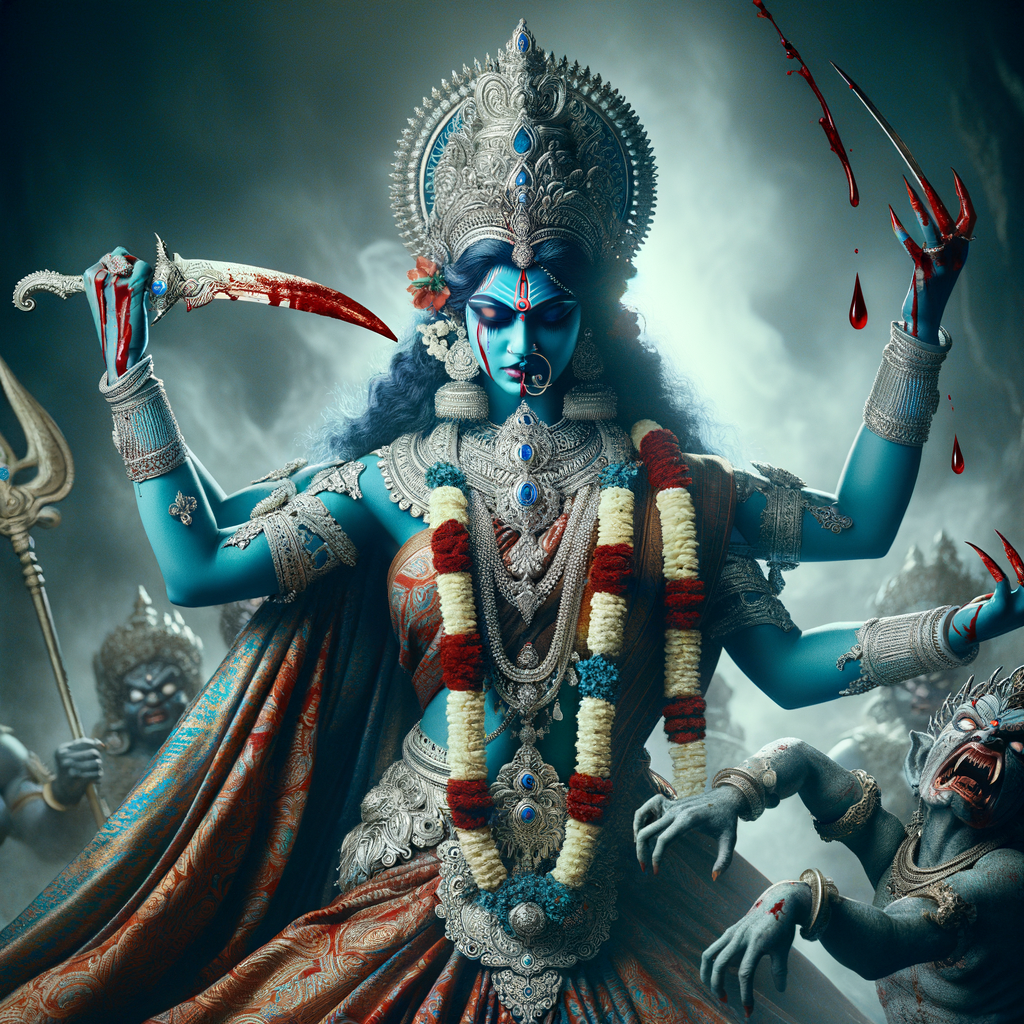 photography of angry looking, gorgeous goddess kali, blue skinned carrying a weak mahishasur in her two arms and stabbing him with her amazingly long red fingernails. She is wearing a huge silver crown, red saree, abundant silver jewelry, covered in blood. The scene is set in ancient India. The image is 8K resolution, cinematic, ultra detailed face and epic.