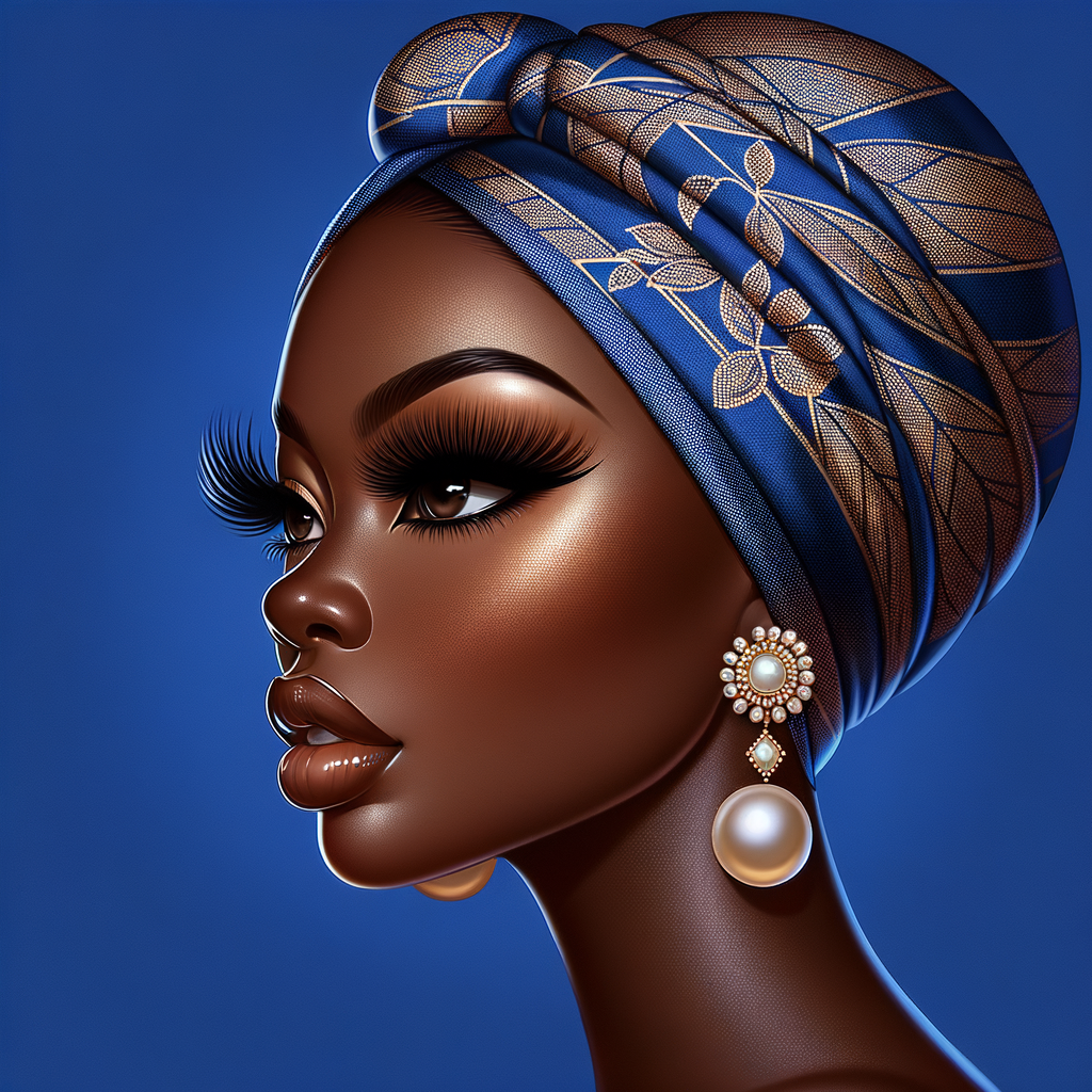 Create an airbrushed digital portrait of an animated
African-American woman in profile against a solid cobalt
blue backdrop. Her radiant skin, strikingly long eyelashes, a
pronounced nose, and voluminous natural glossy lips are
showcased. She wears a headwrap adorned with intricate
diamond patterns. Large, elegant pearl drop earrings
complete her appearance, showcasing the entire headshot
details with a focus on sophistication and grace. The digital
art should highlight her striking features against the vibrant
background, creating a visually stunning piece.