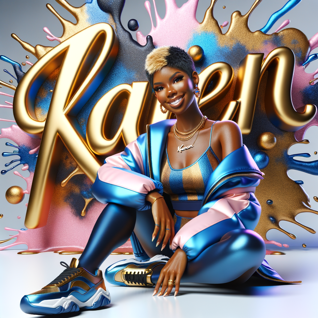 3D writing name "KAREN" bold glossy gold. There is a beautiful African-American latino woman, smiling with a black and blonde pixie cut hairdo,blue and gold trendy jacket and outfits in blue, pink, and gold tones, sport shoes, sitting under the name. Her outfits are glossy. dynamic color explosion background, of pink, blue, gold colors, splashed on white wall