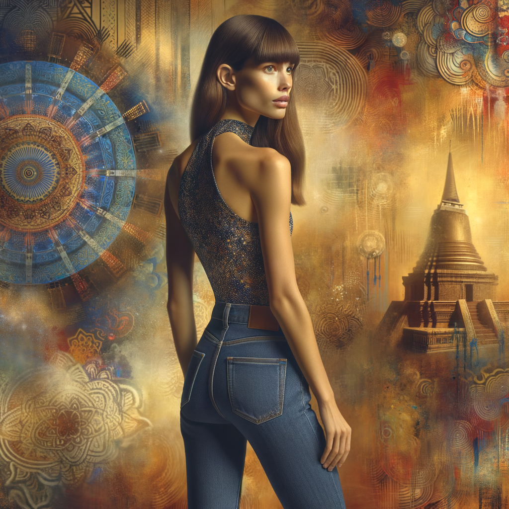 Athletic Thin skinny Attractive, Asian teenage girl, long brown hair and bangs, wearing tight skinny jeans and a halter top paint marks on her clothing, heroic pose Asian graffiti background, backside view