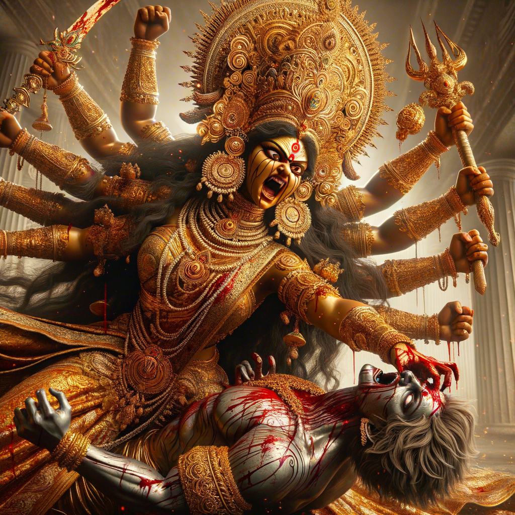 portrait of angry looking goddess durga pinning mahishasur to the ground. She is wearing gold armor, a huge gold crown, gold saree, abundant  gold jewelry, covered in blood. The scene is set in ancient India. The image is 8K resolution, photography, cinematic, ultra detailed face and epic