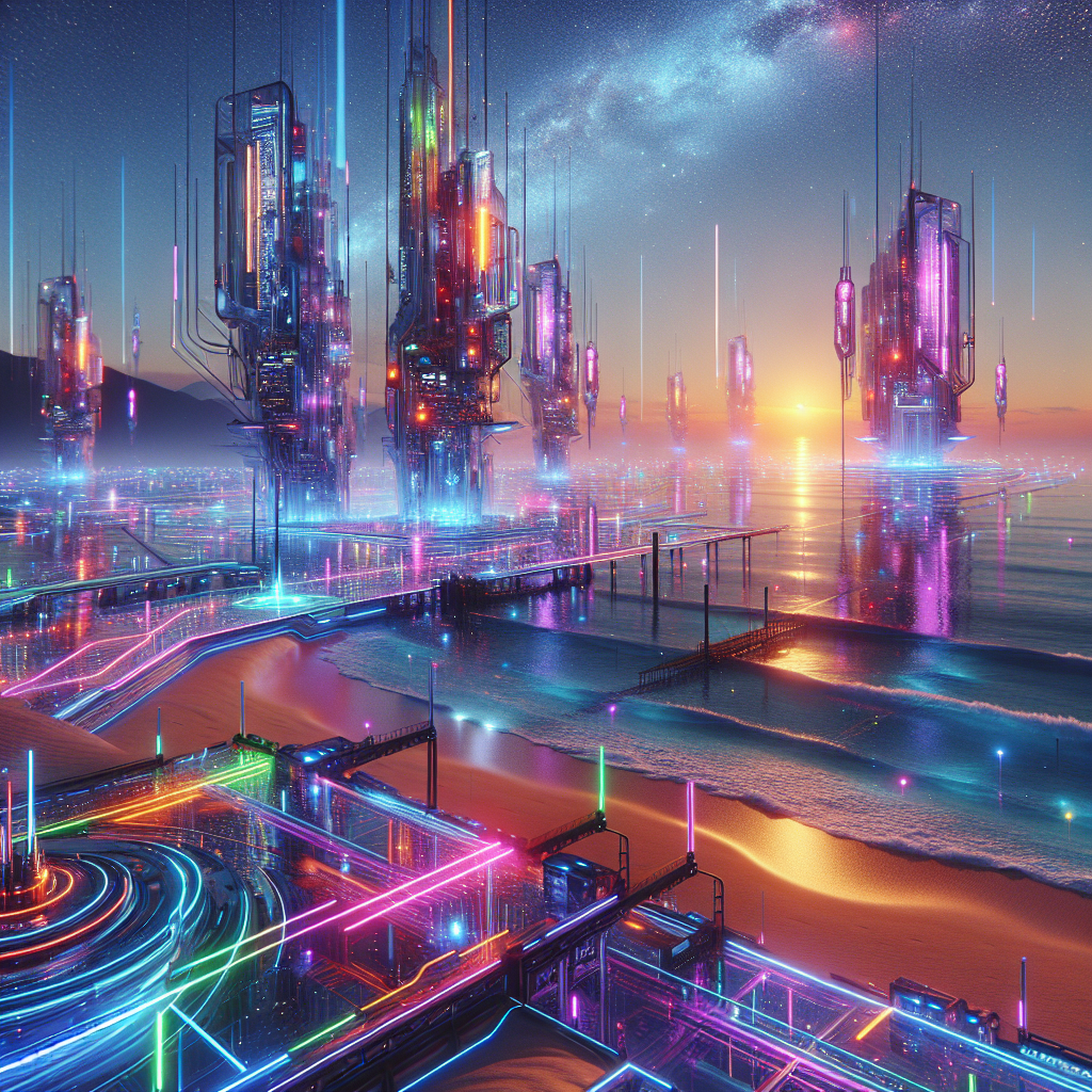 Create an image depicting a vibrant and colorful futuristic beachscape, complete with advanced technology, neon lights, and futuristic architecture seamlessly blended with natural elements.