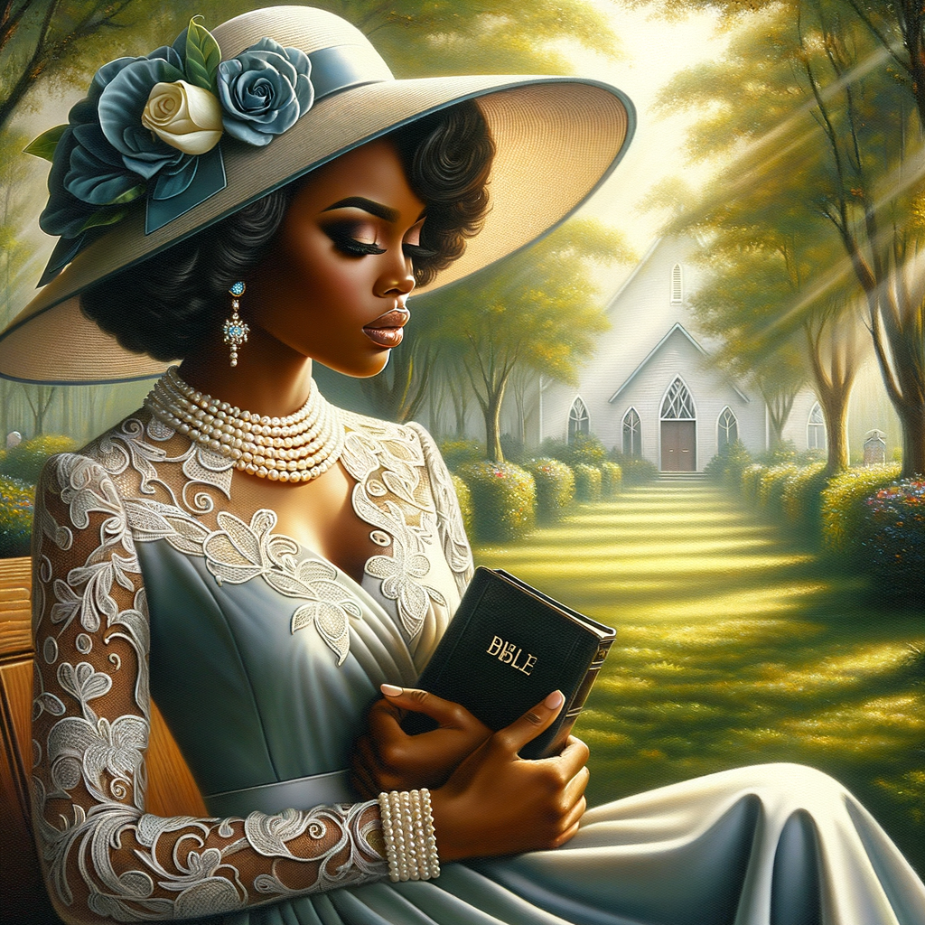 Render an airbrush oil painting of an African American woman with flawless makeup in a
contemplative pose, holding a Bible close to her heart, dressed in an elegant Sunday Best
outfit with a distinctive Church Hat. The background features a peaceful church garden,
with light filtering through the trees, highlighting her spiritual connection and the personal
moment of reflection. The artwork should capture the tranquility of the scene, the beauty
of her attire, and the depth of her contemplation, reflecting a serene and spiritually