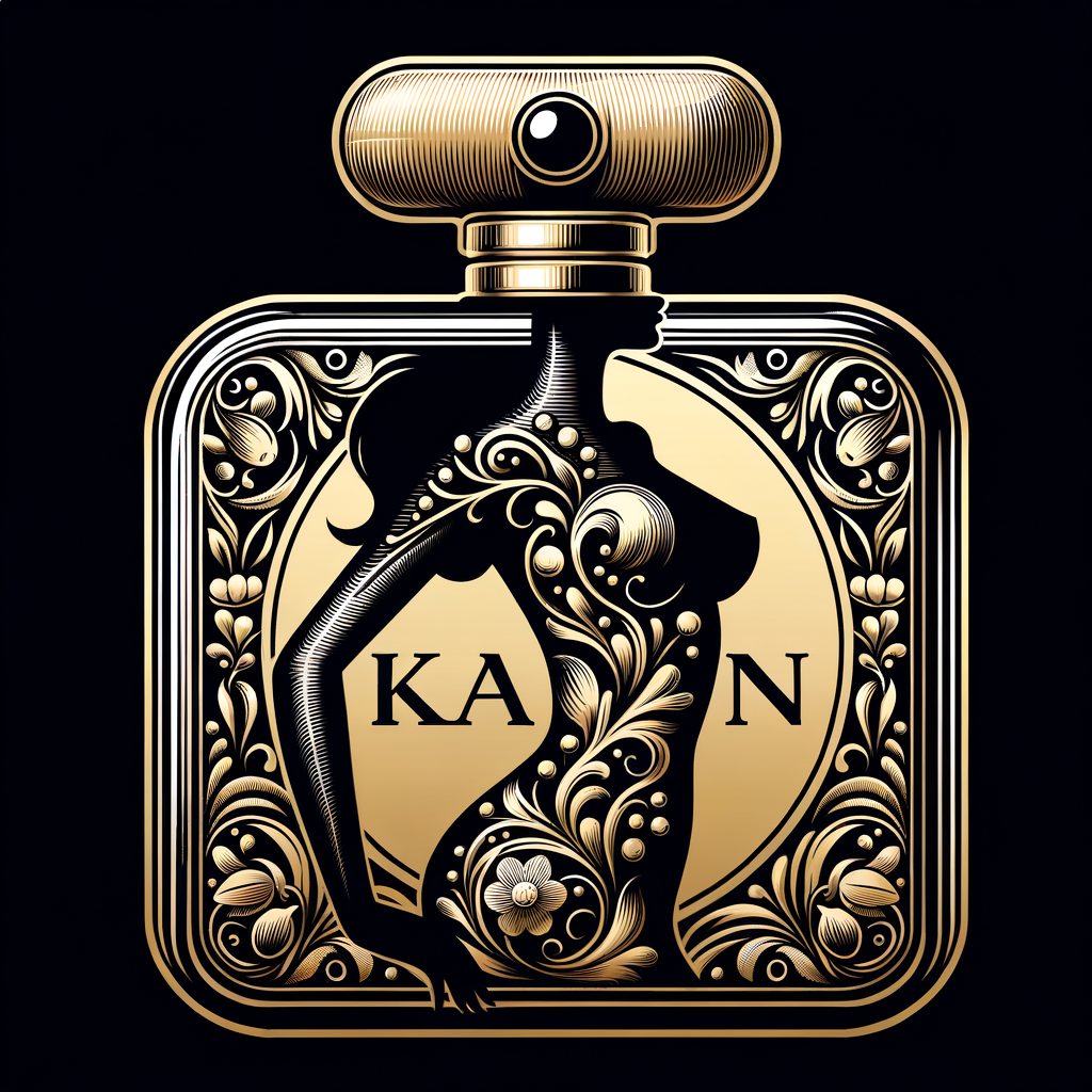 Design, a black and gold perfume bottle in the shape of a woman’s body with flowers and the name Karen