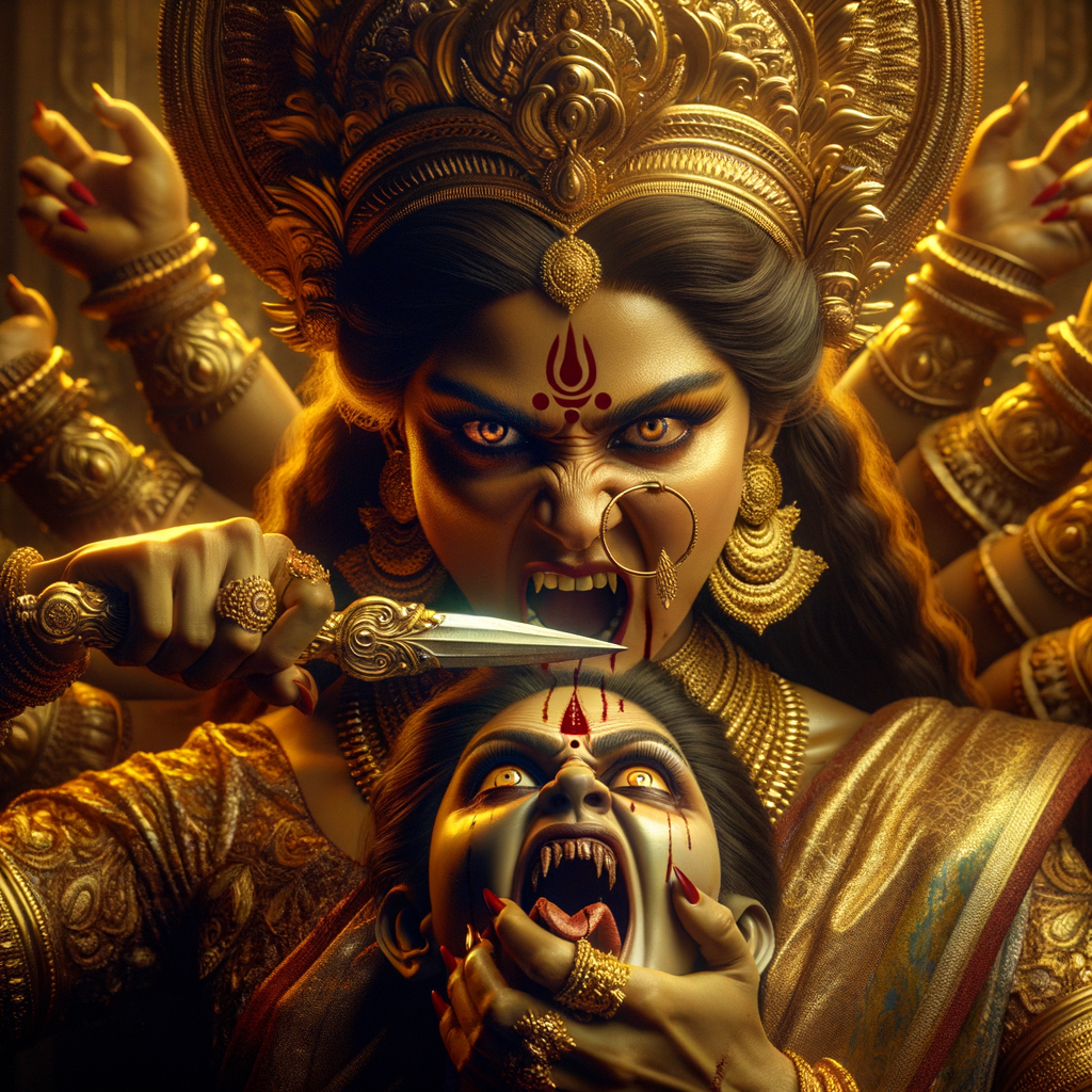 Close up portrait of angry looking goddess durga sitting on a gold crown and carrying a weak mahishasur on her lap and she is stabbing his belly  with her amazingly long fingernails. She is wearing gold armor, a huge gold crown, gold saree, abundant  gold jewelry, covered in blood. The scene is set in ancient India. The image is 8K resolution, photography, cinematic, ultra detailed face and epic