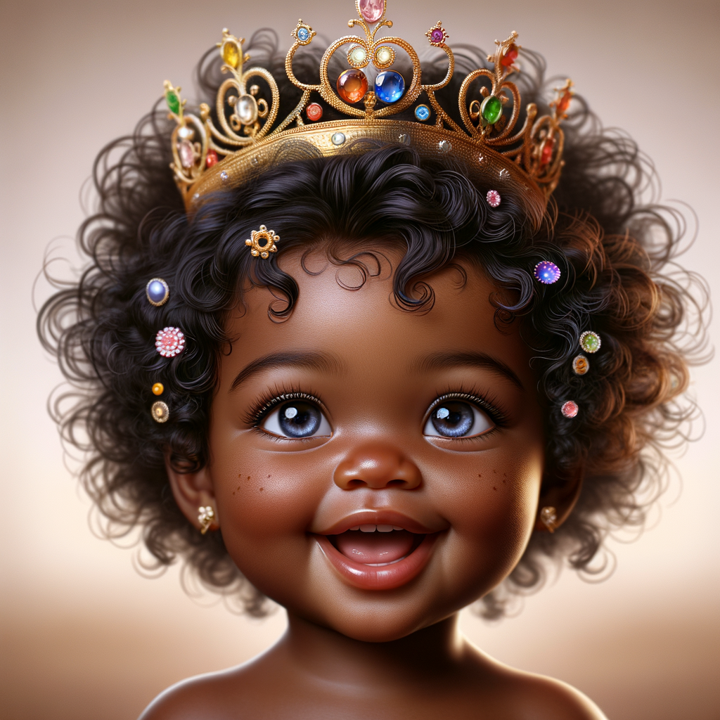 "Create a digital portrait of an adorable african-American baby girl with a joyful expression. She is wearing a gold crown with colorful jewels. Her big, bright blue eyes are wide with wonder, and her tiny mouth is shaped in a happy grin. Her skin has a warm, honey-brown tone, and she has an abundance of thick curly black hair, The background is soft and neutral to keep the focus on her delightful features. The portrait should be vibrant and heartwarming, celebrating the innocence and charm of childhood."