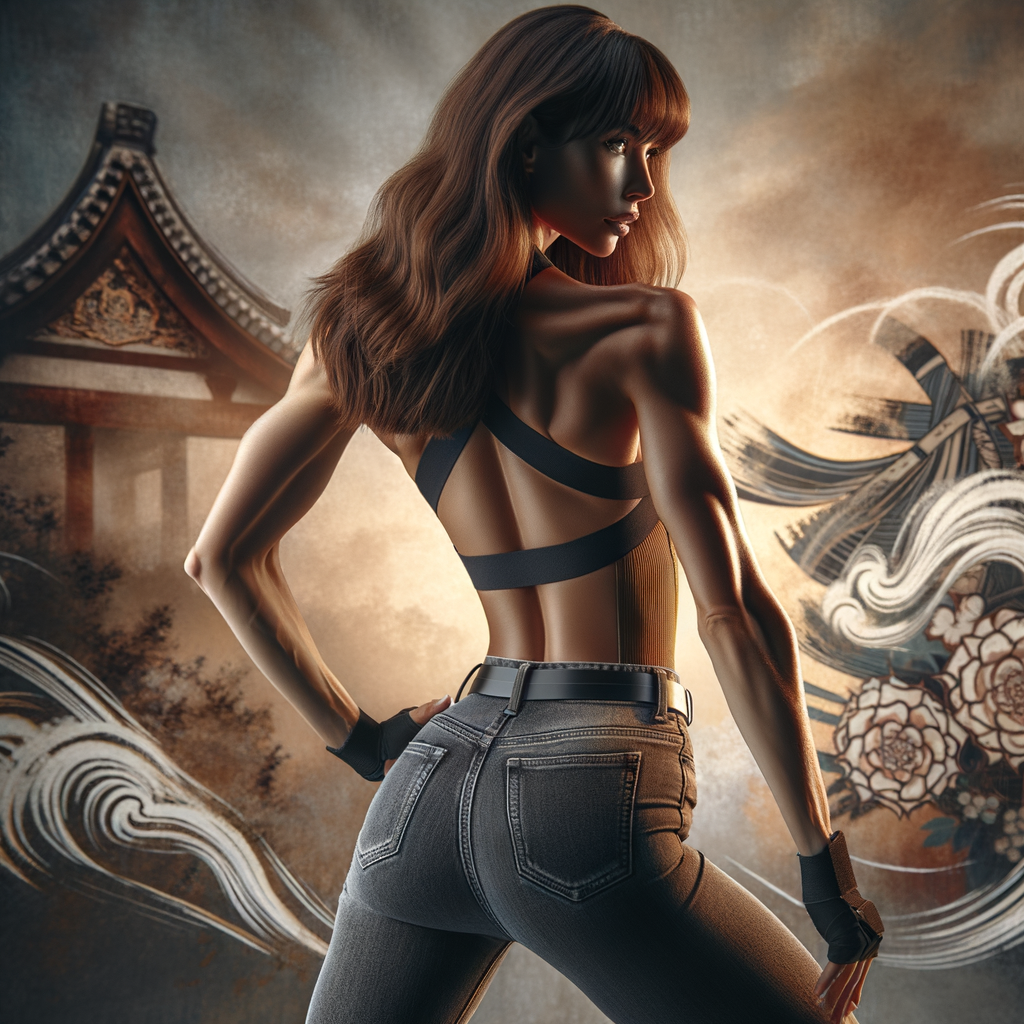 Athletic Thin skinny Attractive, Asian teenage girl, long brown hair and bangs, wearing tight skinny jeans and a halter top paint marks on her clothing, heroic pose Asian graffiti background, backside view