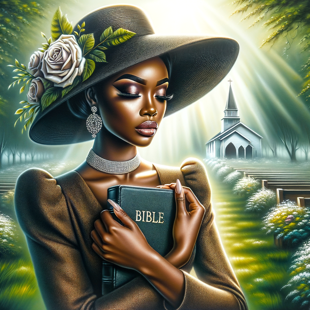 Render an airbrush oil painting of an African American woman with flawless makeup in a
contemplative pose, holding a Bible close to her heart, dressed in an elegant Sunday Best
outfit with a distinctive Church Hat. The background features a peaceful church garden,
with light filtering through the trees, highlighting her spiritual connection and the personal
moment of reflection. The artwork should capture the tranquility of the scene, the beauty
of her attire, and the depth of her contemplation, reflecting a serene and spiritually