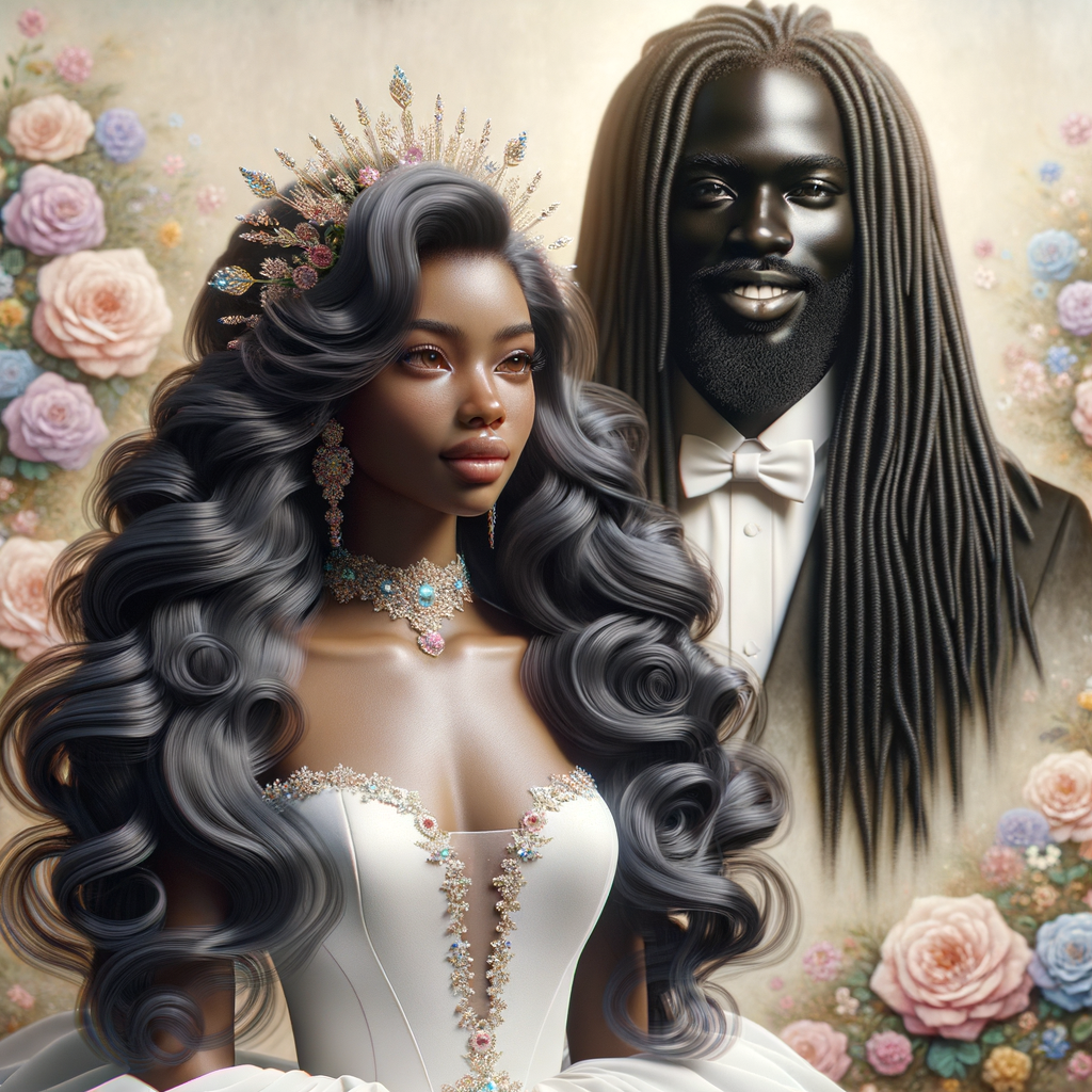 Create a 3-D realistic oil, painting of a beautiful African-American bride. She has long flooring, wavy hair and her gown has beautiful jewels around the neckline. in the background there is a beautiful African-American Jesus Christ with long dreadlocks, and he is smiling. He is very handsome pastel flowers throughout the image.