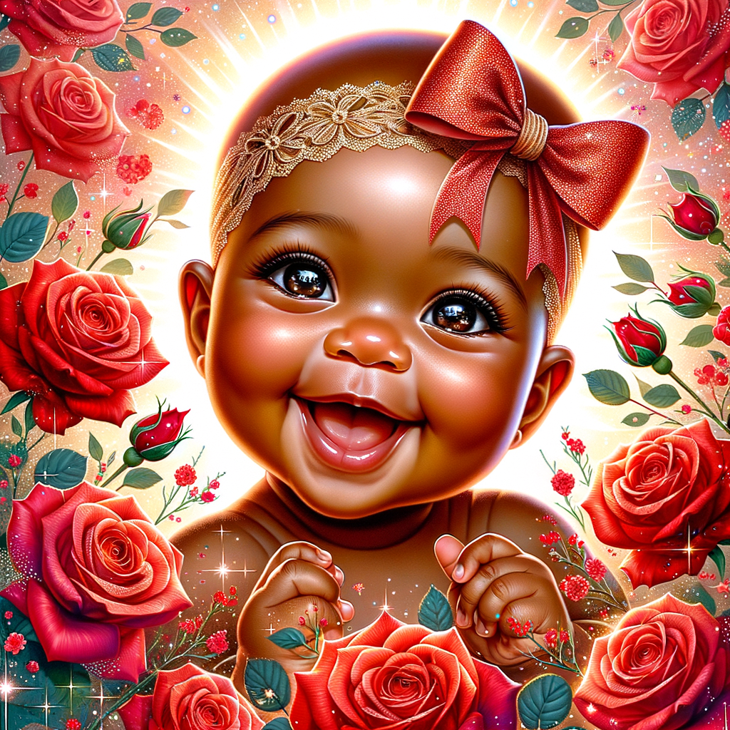 Create a vibrant and joyful image featuring an Light skin, African-American adorable baby with a captivating smile and sparkling eyes, exuding happiness and innocence. The baby wears a delicate headband with a graceful bow, suggesting a touch of elegance. Surrounding the baby are rich, red roses in full bloom, symbolizing love and beauty. The image radiates positivity and warmth, further enhanced by an overlay of magical sparkles and a message that reads "Have A Great Day" in cheerful, bold font. This composition should feel like a heartwarming greeting, perfect for spreading cheer and good wishes.