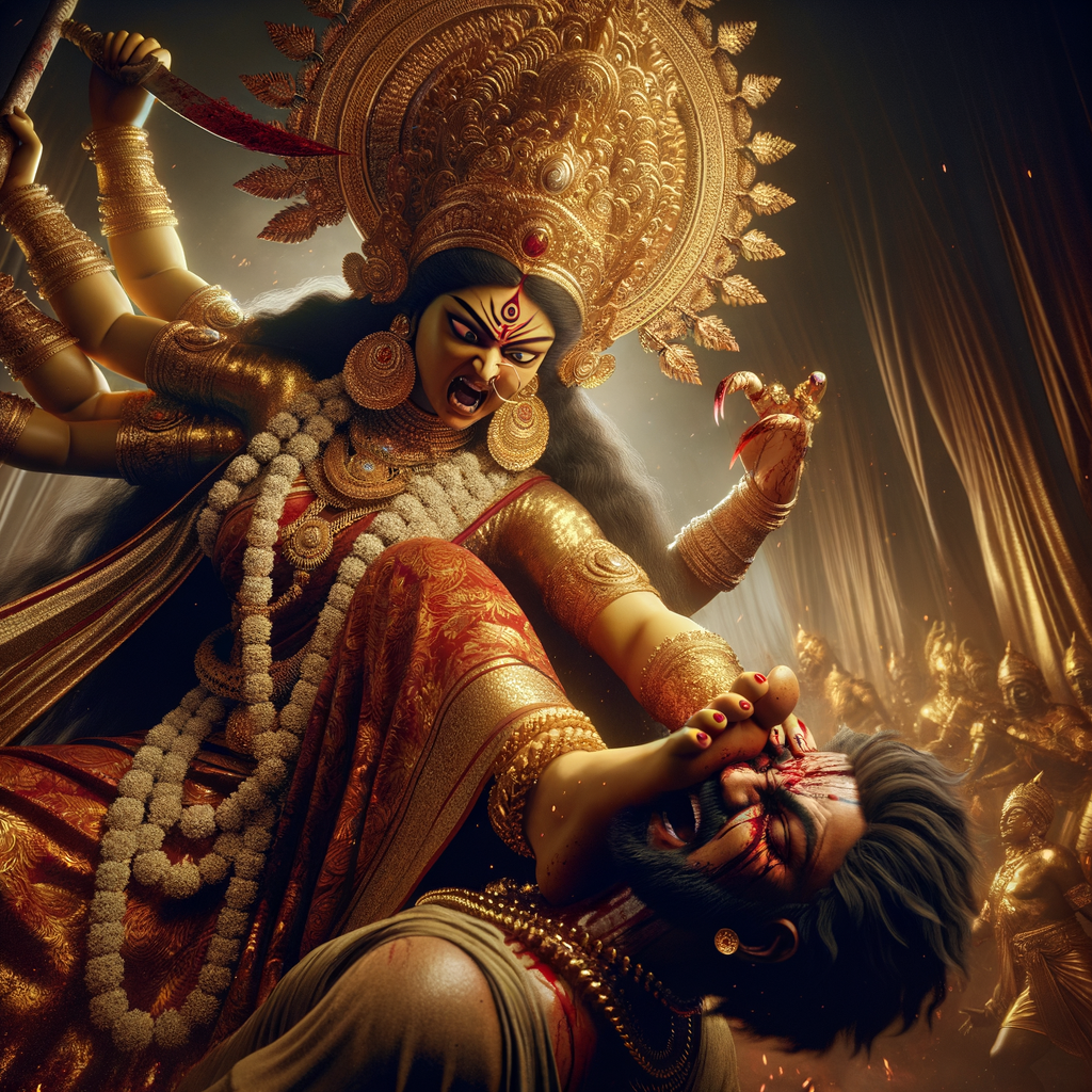 portrait of angry looking goddess durga pinning a weak mahishasur to the ground with her foot and stabbing him with her amazingly long fingernails. She is wearing gold armor, a huge gold crown, gold saree, abundant  gold jewelry, covered in blood. The scene is set in ancient India. The image is 8K resolution, photography, cinematic, ultra detailed face and epic