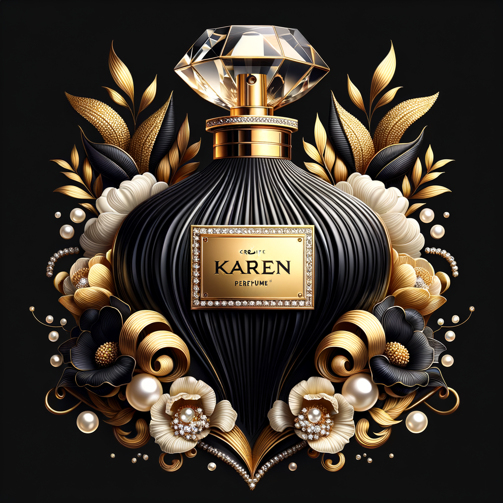 Design a fancy, black and gold bottle of perfume in the shape of a woman’s body. With a golden diamond top, flowers pearls and Diamonds in the name, Karen