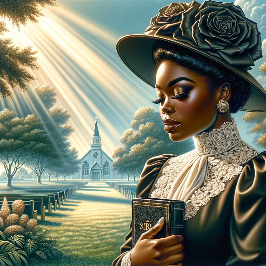 Render an airbrush oil painting of an African American woman with flawless makeup in a
contemplative pose, holding a Bible close to her heart, dressed in an elegant Sunday Best
outfit with a distinctive Church Hat. The background features a peaceful church garden,
with light filtering through the trees, highlighting her spiritual connection and the personal
moment of reflection. The artwork should capture the tranquility of the scene, the beauty
of her attire, and the depth of her contemplation, reflecting a serene and spiritually