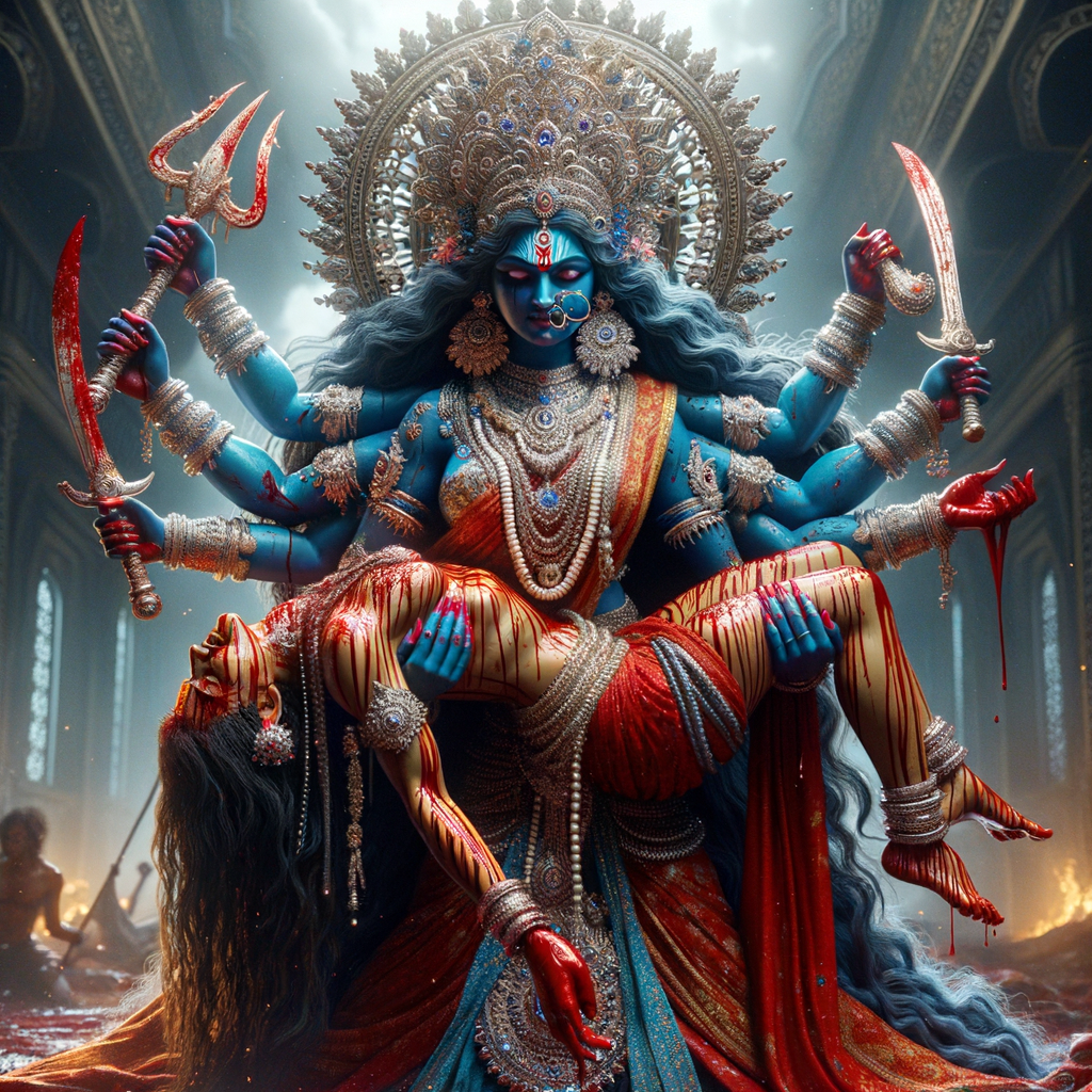 portrait of angry looking, gorgeous goddess kali, blue skinned carrying a weak mahishasur in her two arms and stabbing him with her amazingly long red fingernails. She is wearing a huge silver crown, red saree, abundant silver jewelry, covered in blood. The scene is set in ancient India. The image is 8K resolution, cinematic, ultra detailed face and epic.